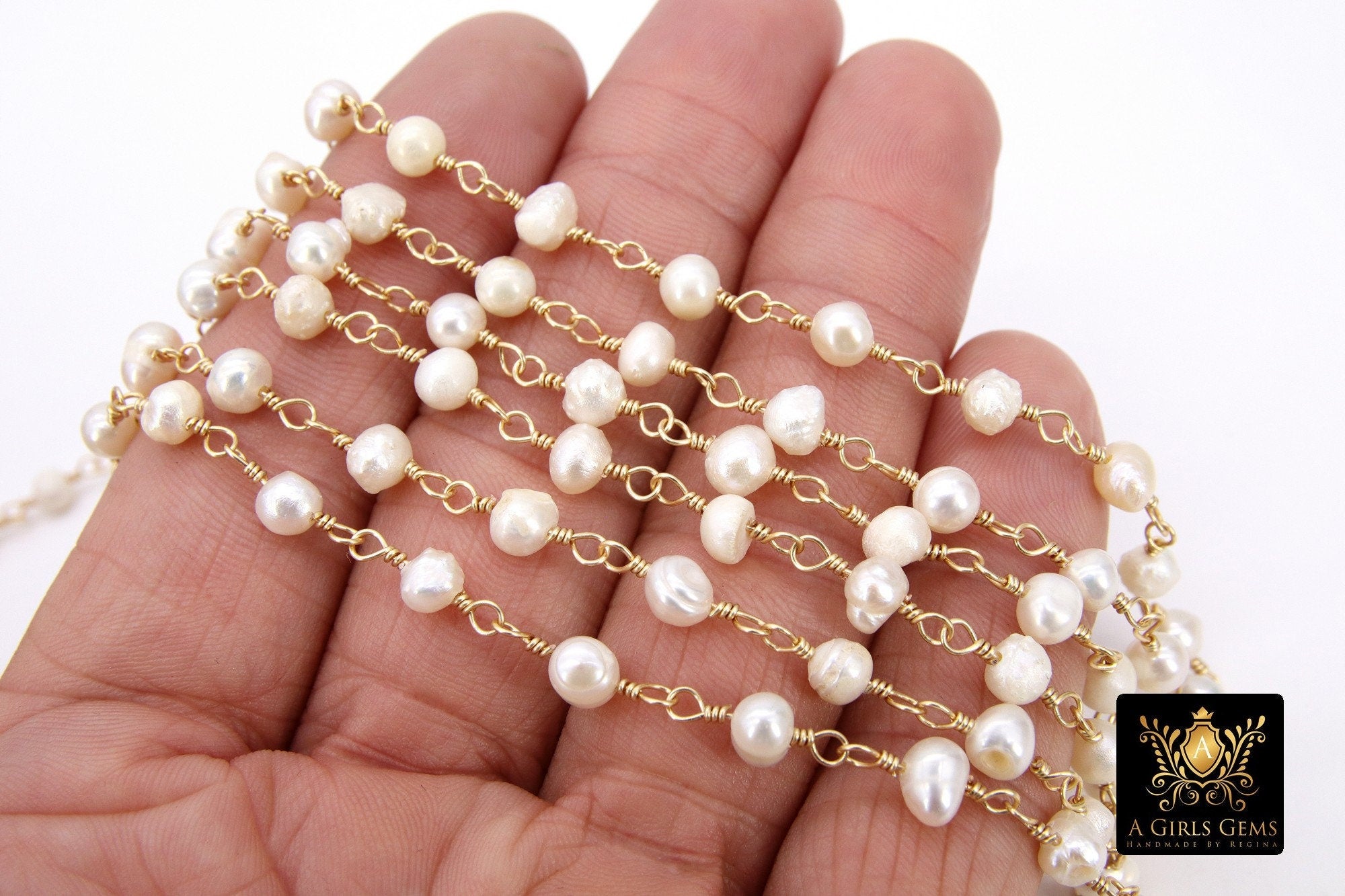 Freshwater White Pearl Gold Rosary Chain By The Foot