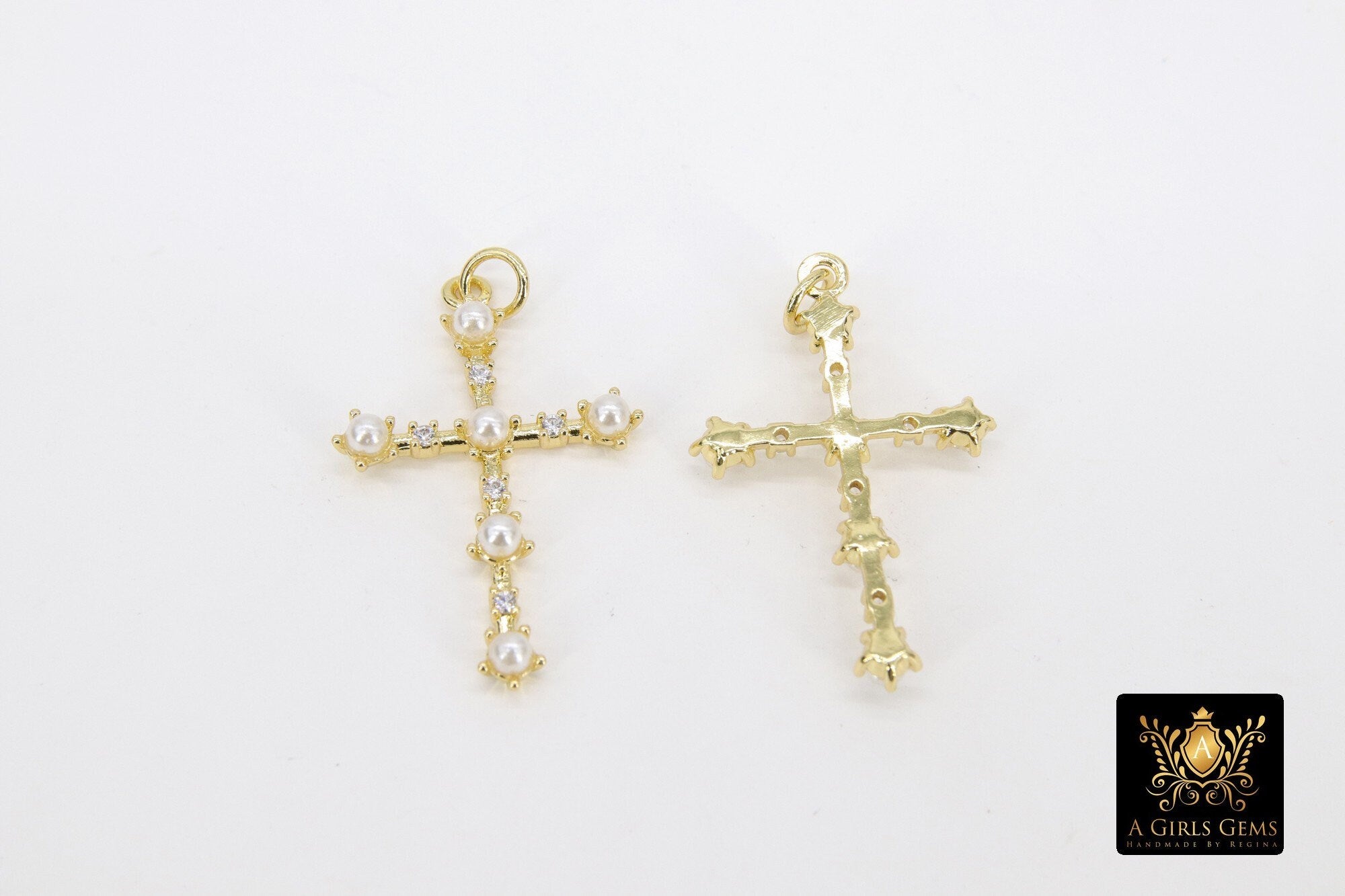 Gold CZ White Pearl Cross Charms, 20 x 31 mm Dainty Pearl Charms With Ring #48, Rosary Pendants