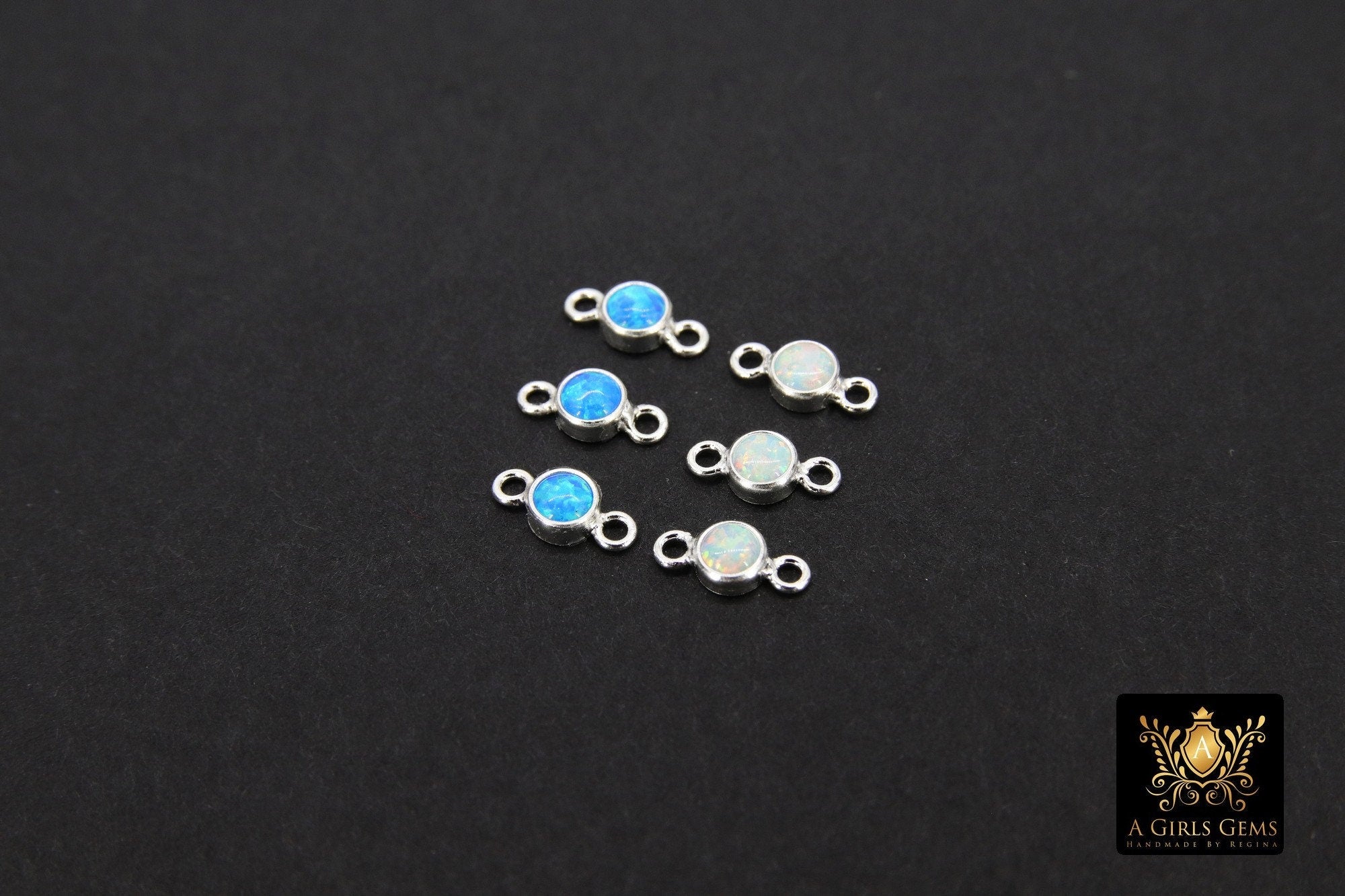 925 Sterling Silver Solitaire Connectors, 3 mm White Opal Links #325, CZ Style Genuine Silver Blue Opal