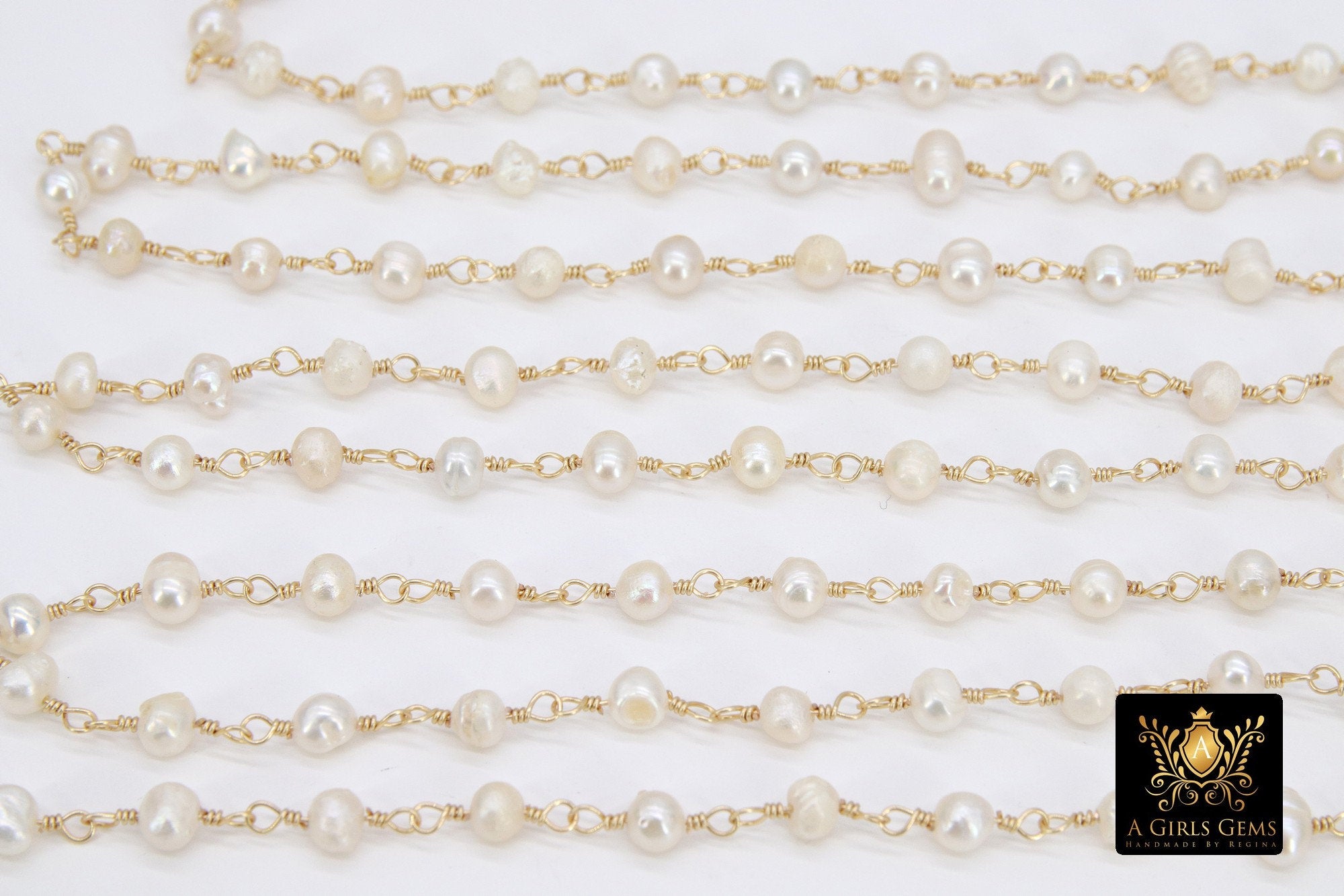 Natural Pearl Rosary Chain, 5-7 mm Freshwater Beaded Rosary Chain CH #527, Gold Wire Wrapped