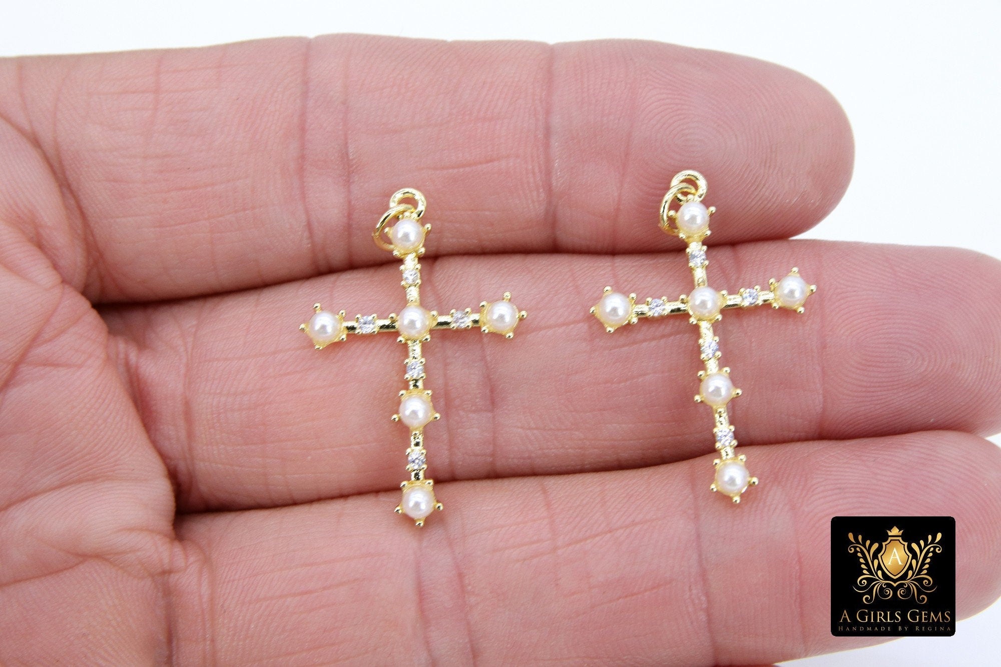 Gold CZ White Pearl Cross Charms, 20 x 31 mm Dainty Pearl Charms With Ring #48, Rosary Pendants