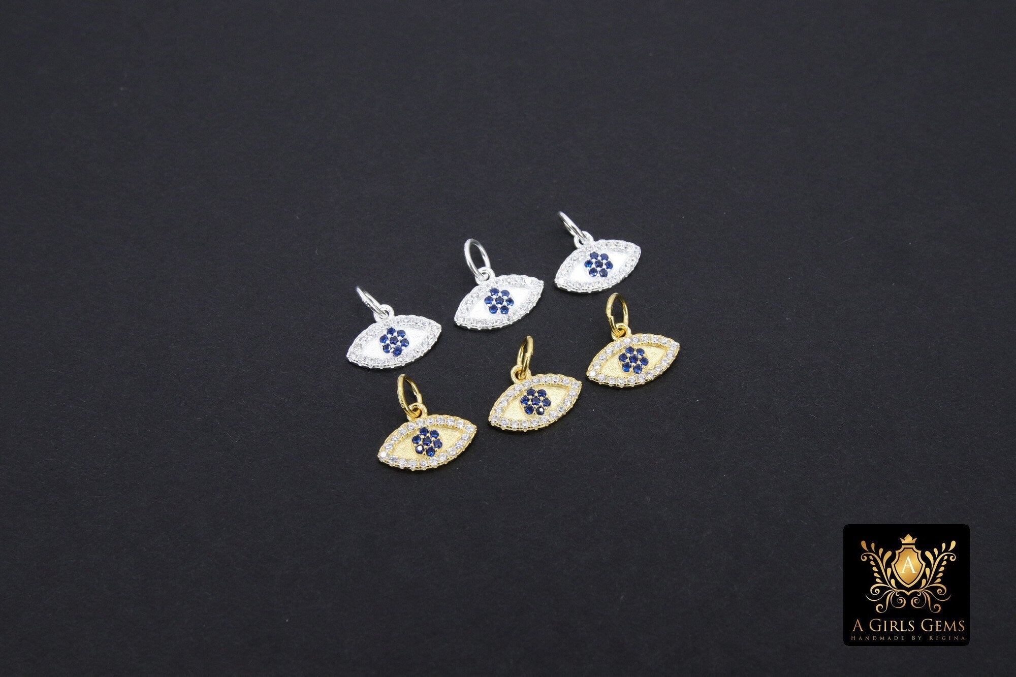 925 Sterling Silver Evil Eye Charms, 6 mm Gold CZ Micro Pave Blue Evil Eyes Charms #3508, Tiny Round Minimalist Jewelry Charm
