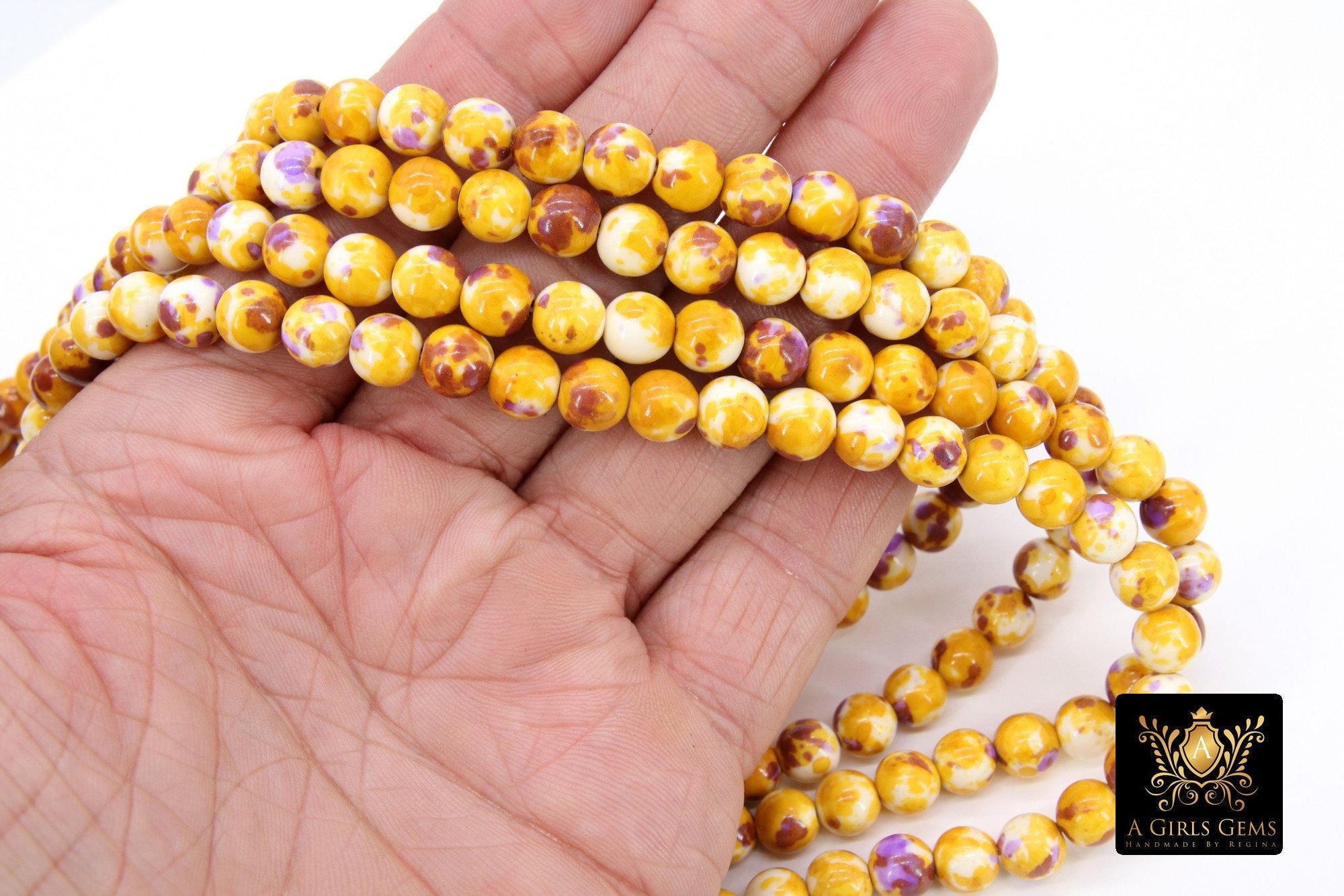 Purple and Gold Beads, Smooth Mixed Yellow Purple Jade Beads BS #97, LSU Jewelry Beads sizes 6 mm or 8 mm 15.75 inch Strands