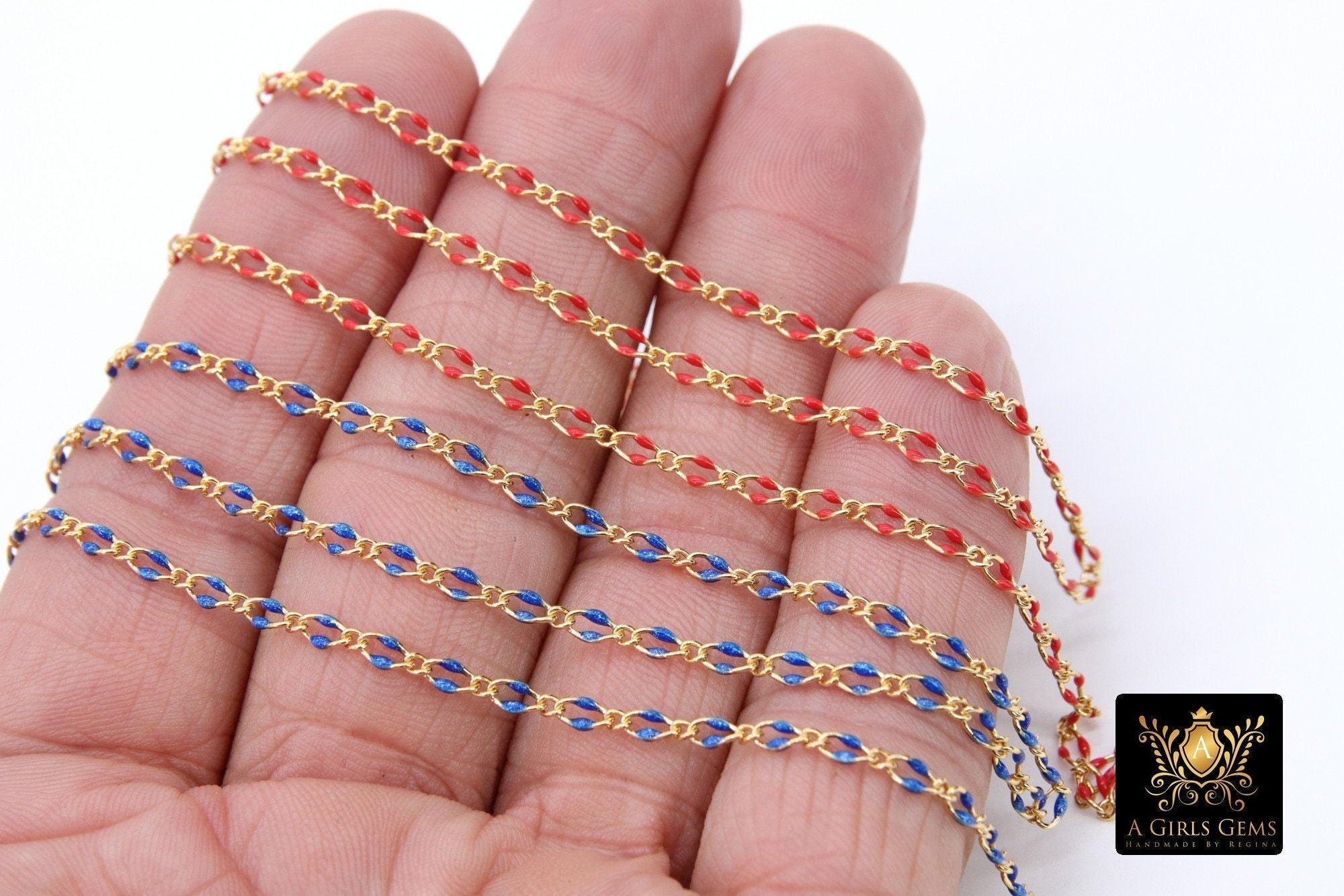 14 K Gold Filled Enamel Figaro Paperclip Rolo Unfinished Chain By The Foot Blue Red White Pink