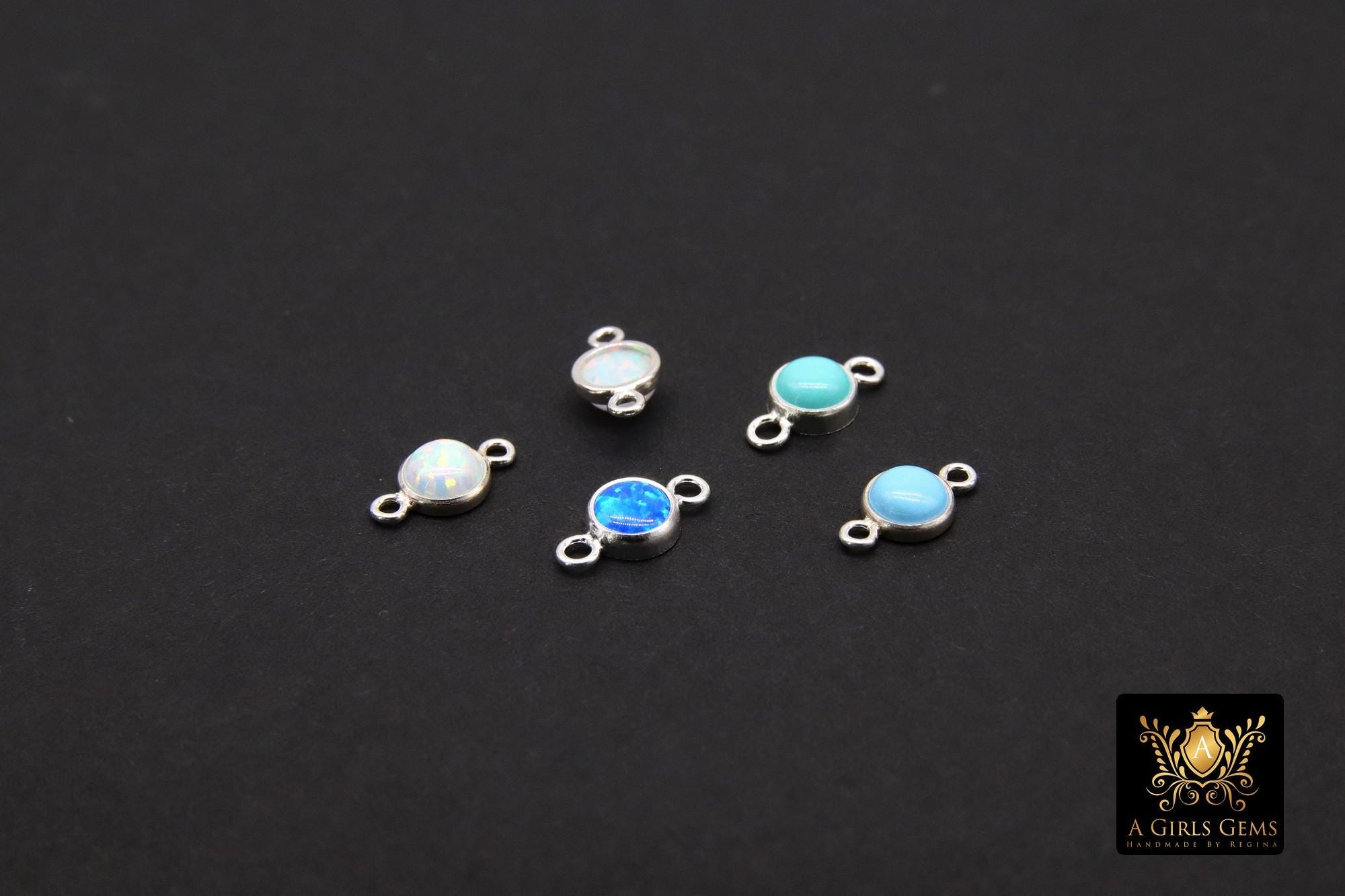 925 Sterling Silver Solitaire Connectors, 4 mm White Opal Links #2338, Pink CZ Style Silver Blue Opal