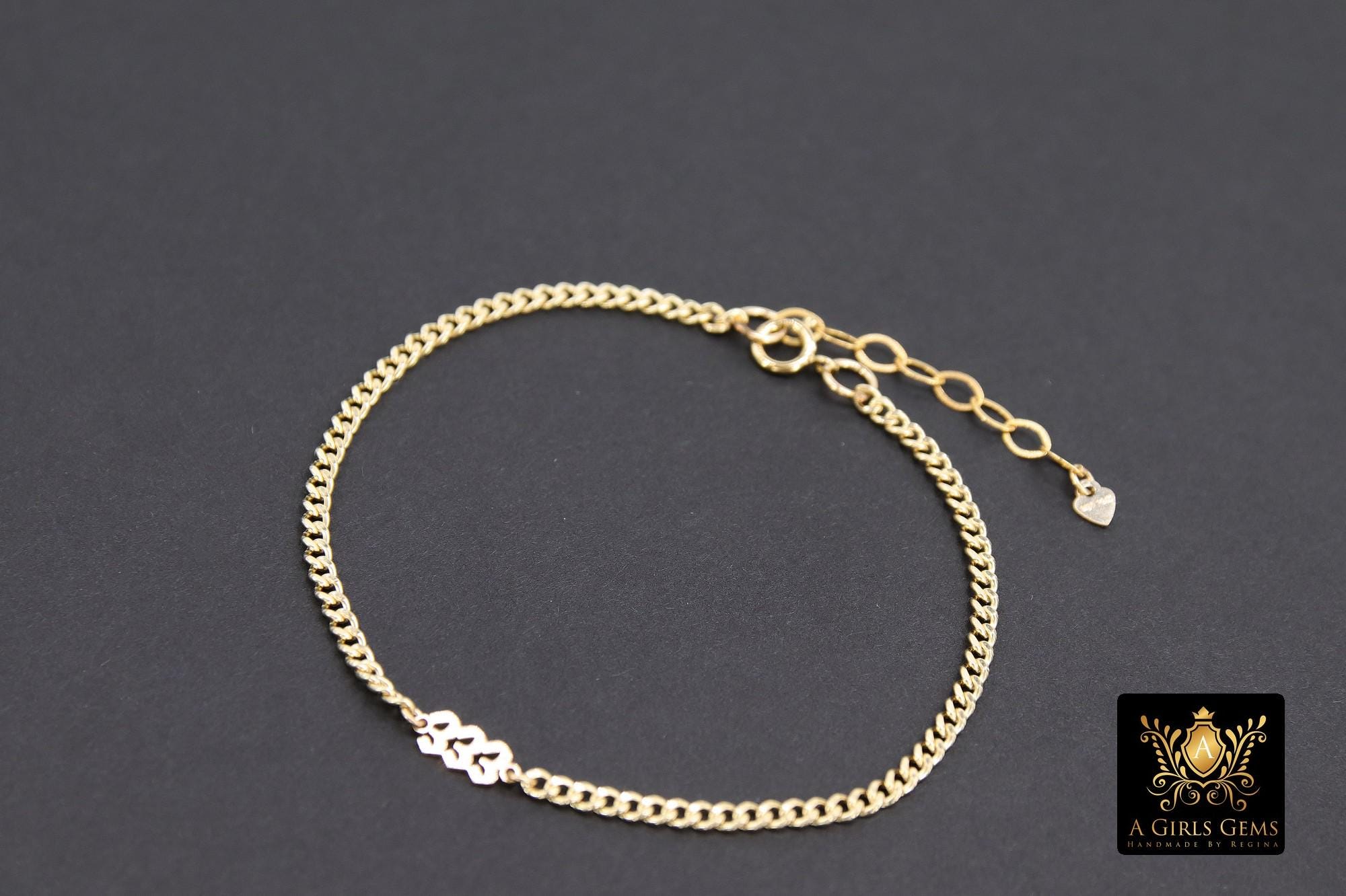 14 K Gold Filled Curb Chain Bracelet, Angel Number Adjustable Chain Link Bracelet, Stamped 14/20 Heart