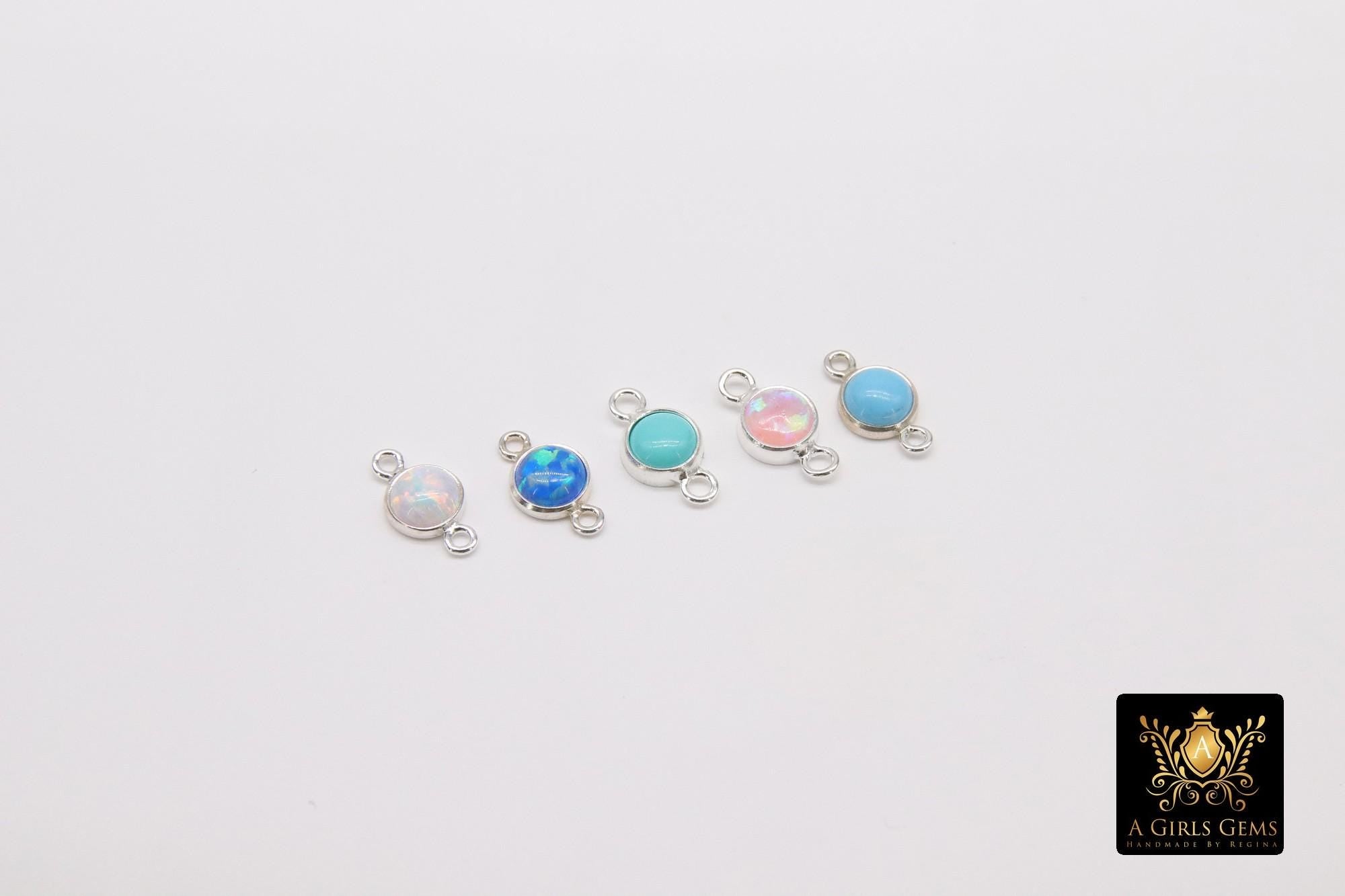 925 Sterling Silver Solitaire Connectors, 4 mm White Opal Links #2338, Pink CZ Style Silver Blue Opal