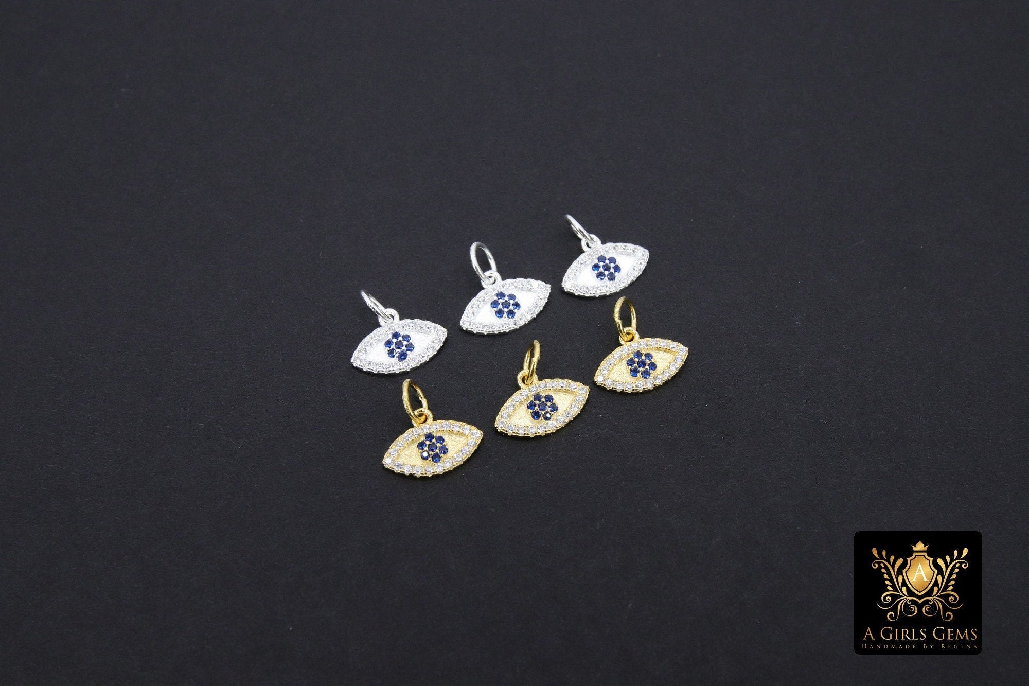 925 Sterling Silver Evil Eye Charms, Gold CZ Micro Pave Blue Evil Eyes Charms #3509, Tiny Minimalist Jewelry Charm