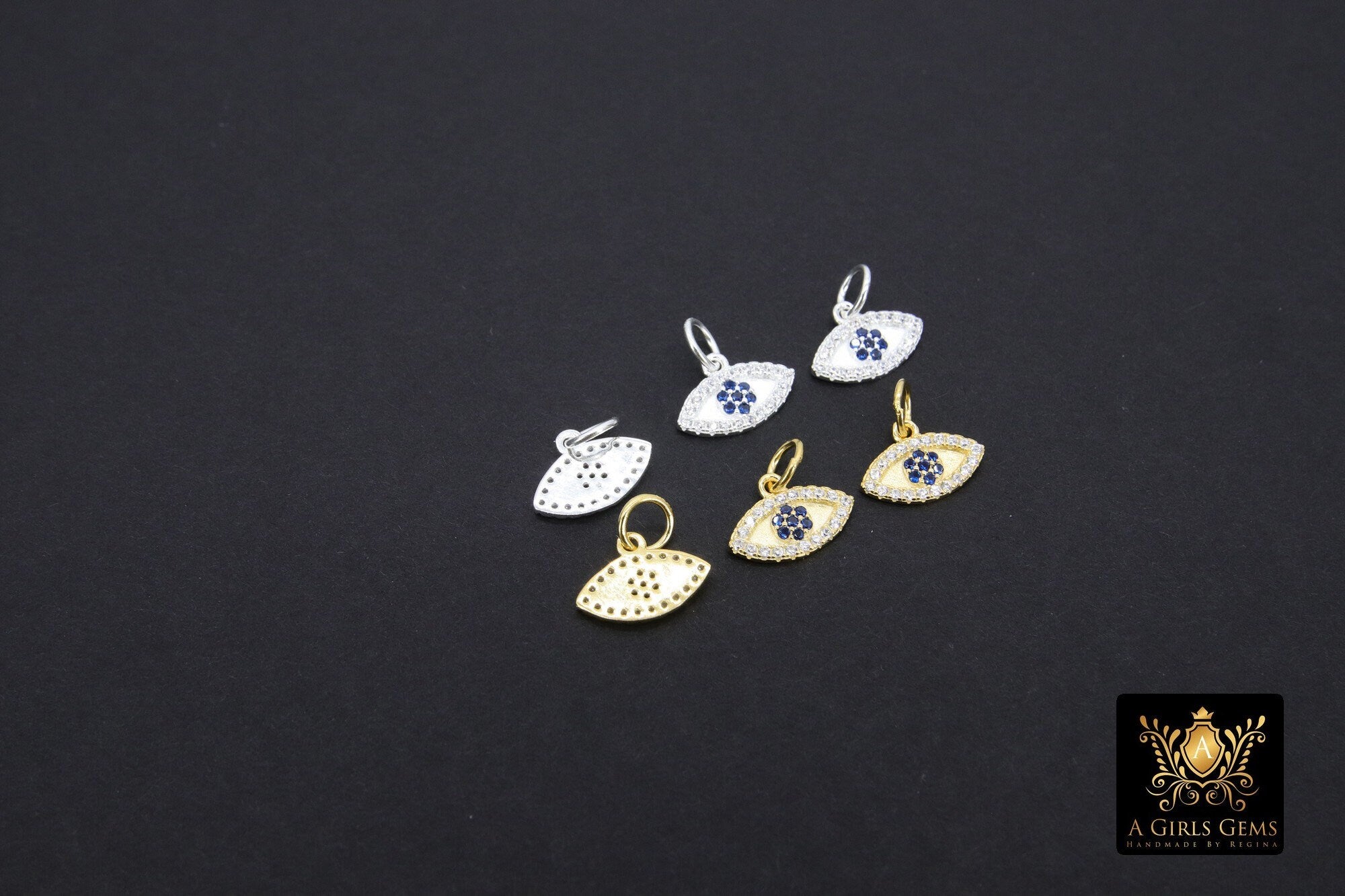 925 Sterling Silver Evil Eye Charms, Gold CZ Micro Pave Blue Evil Eyes Charms #3509, Tiny Minimalist Jewelry Charm