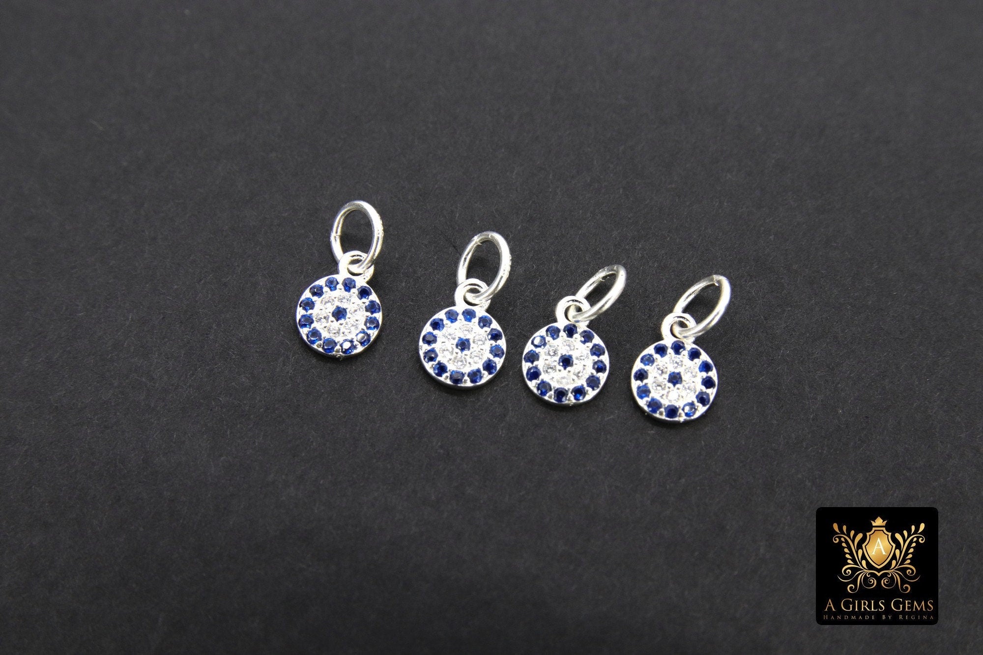 925 Sterling Silver Evil Eye Charms, 6 mm Gold CZ Micro Pave Blue Evil Eyes Charms #3508, Tiny Round Minimalist Jewelry Charm