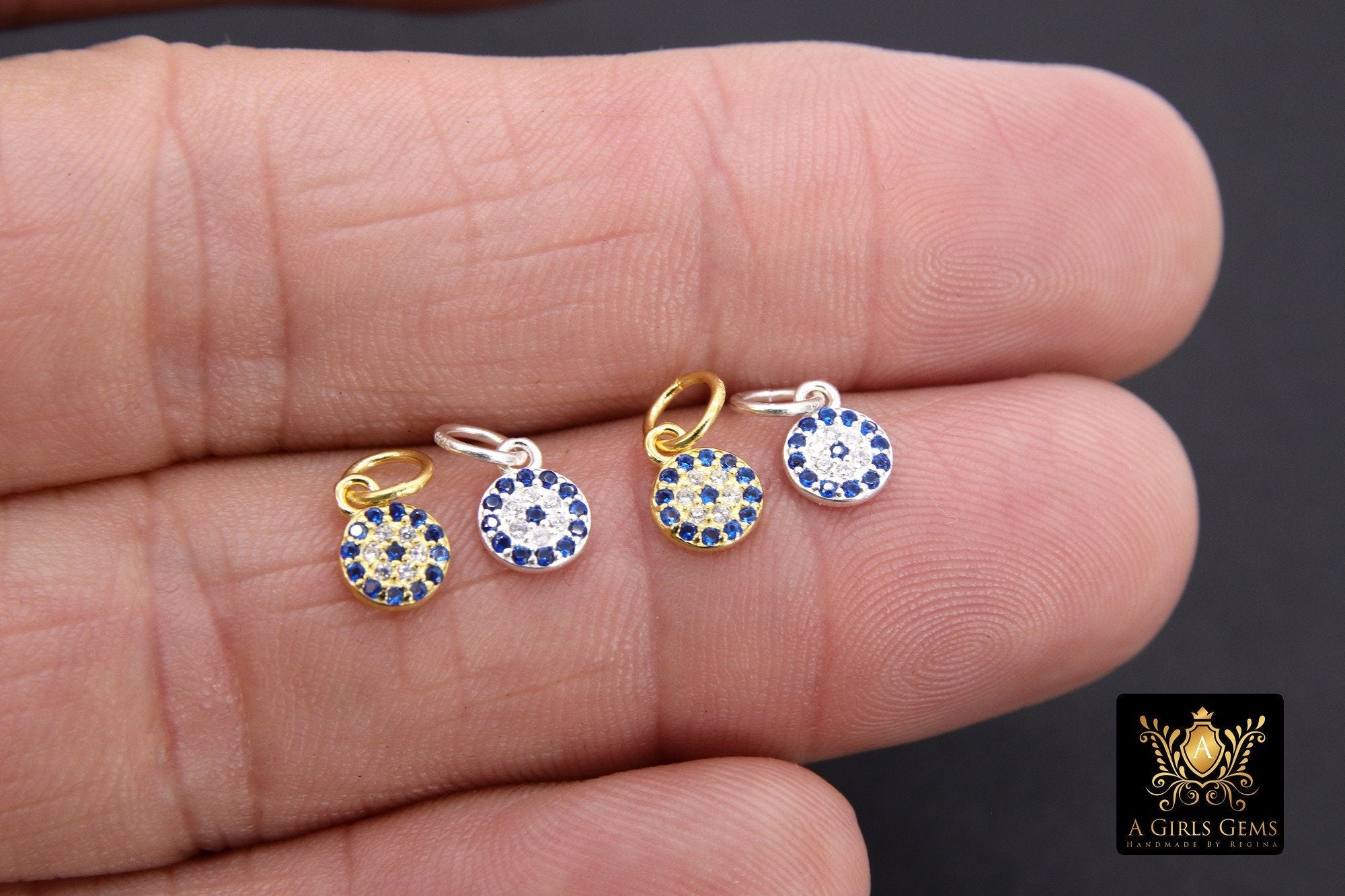 925 Sterling Silver Evil Eye Charms, 6 mm Gold CZ Micro Pave Blue Evil Eyes Charms #3508, Tiny Round Minimalist Jewelry Charm