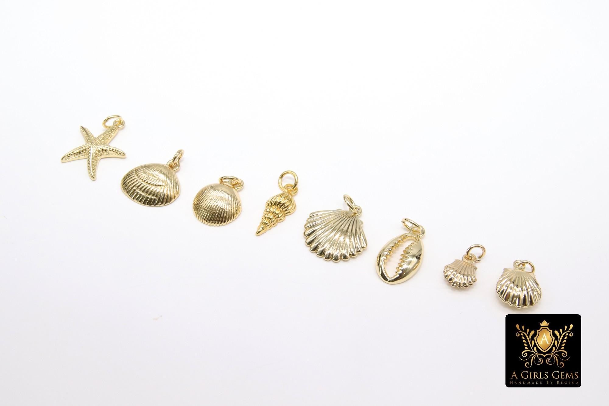 Mini Cowrie Seashell Charm, 2 Pc Gold Tiny Nautical Starfish Seashells #2646, Scallop Beach Shell Ocean Charms