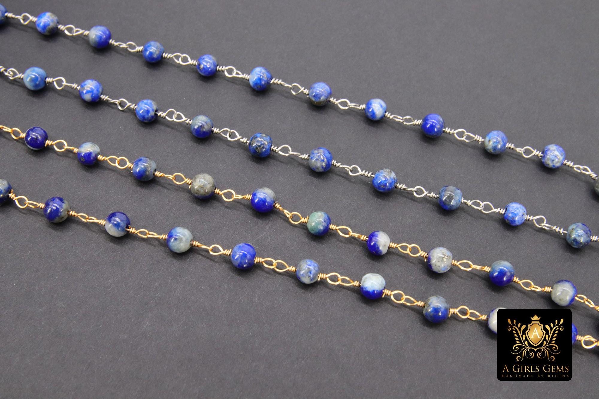 Natural Lapis Lazuli Rosary Gold Chain, 4 mm Beaded Navy Blue Unfinished Rosary Silver Chain CH# 404, By The Foot