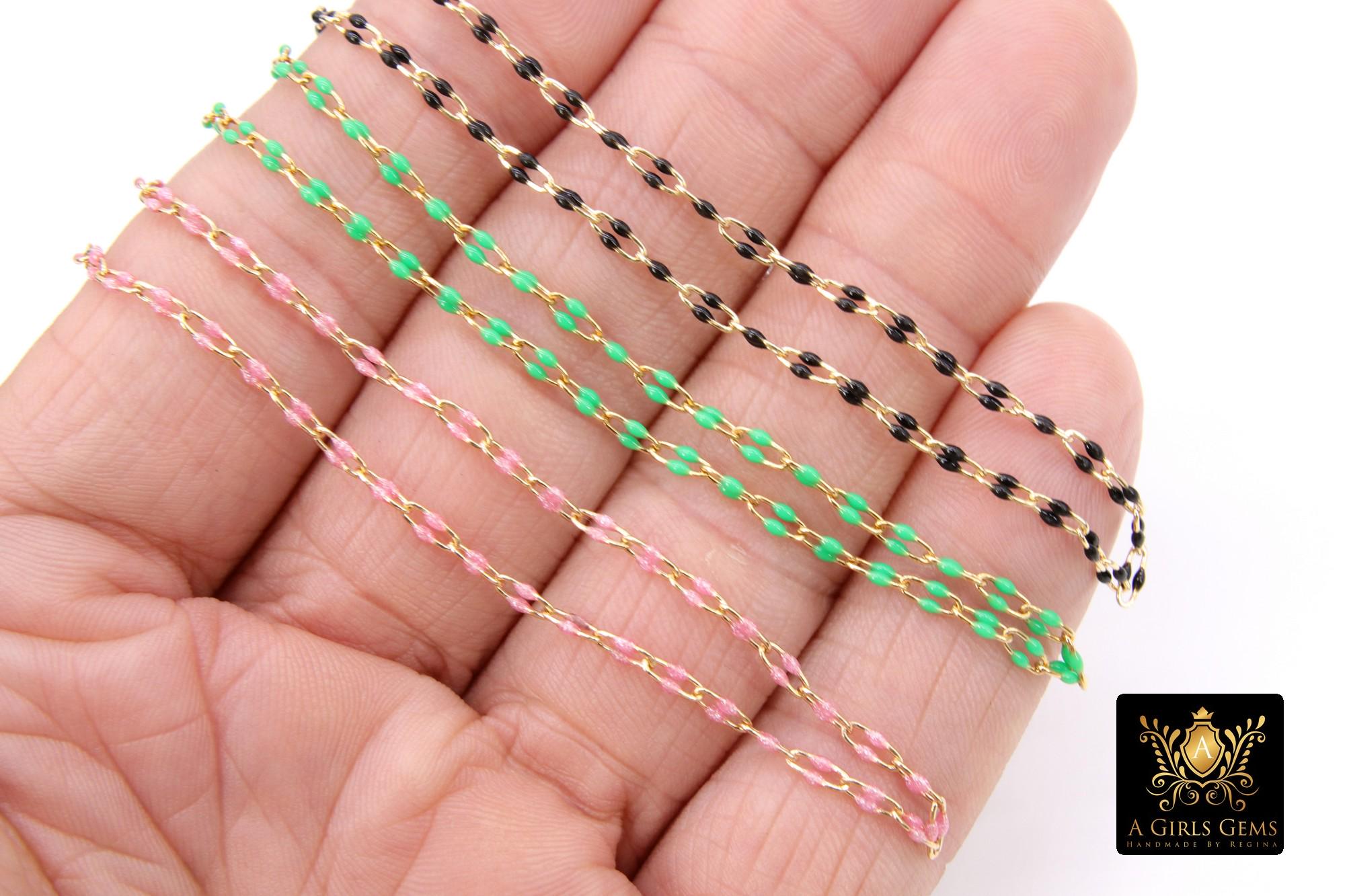 14 K Gold Filled Paperclip Enamel Chain, 5.6 mm Green Rectangle Chains CH# 784, Pink Or Black By The Foot