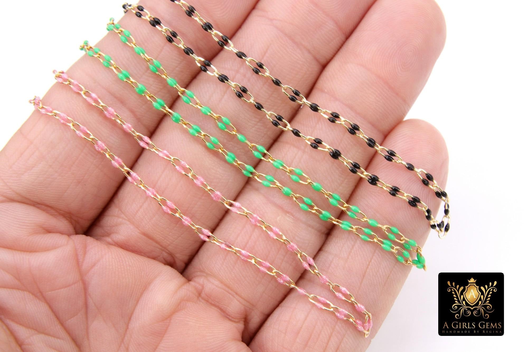 14 K Gold Filled Enamel Black Paperclip Drawn Unfinished Pink Green Cable Chain By The Foot
