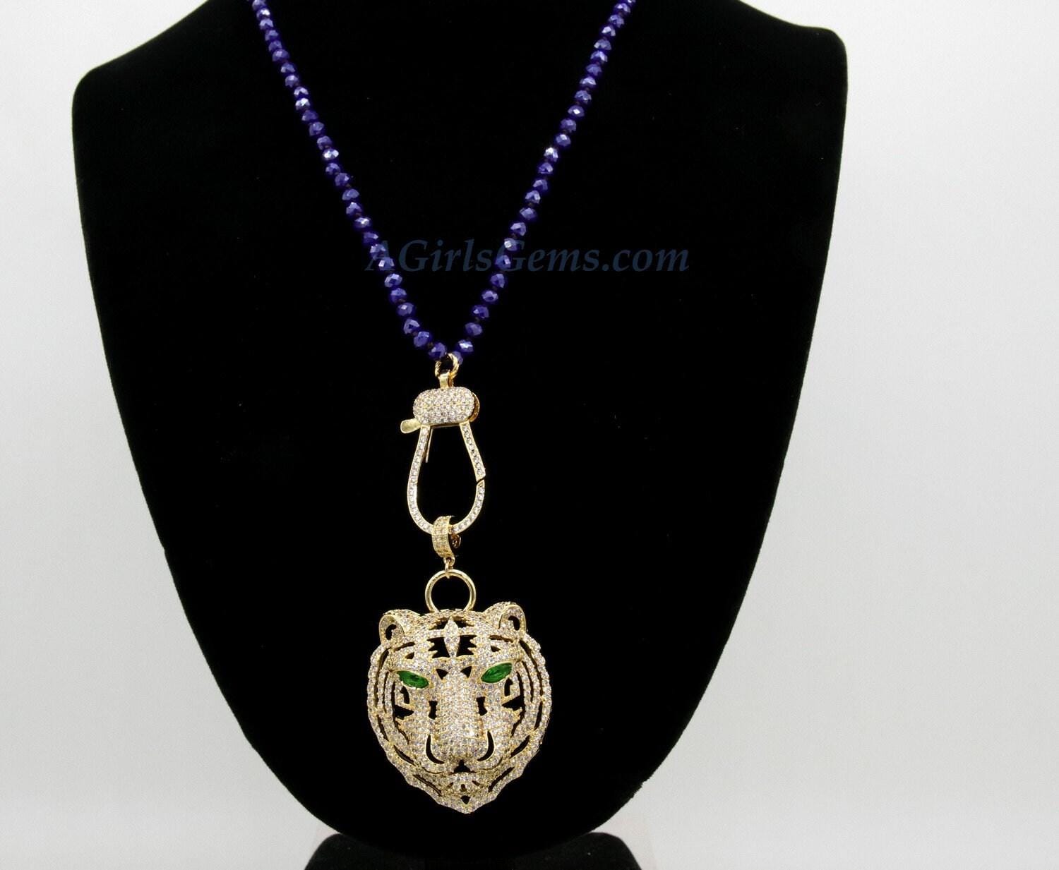 Tiger Head Pendant, CZ Micro Pave Gold Tiger Pendants AG #663, Open Hole Charms