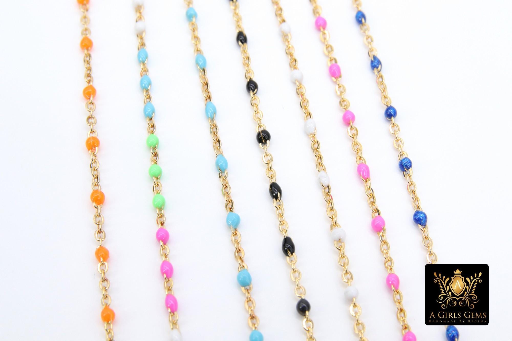 14 K Gold Filled Dainty Beaded Satellite Enamel Chain, Rainbow Jewelry CH #771, By Yard Unfinished Flat Cable