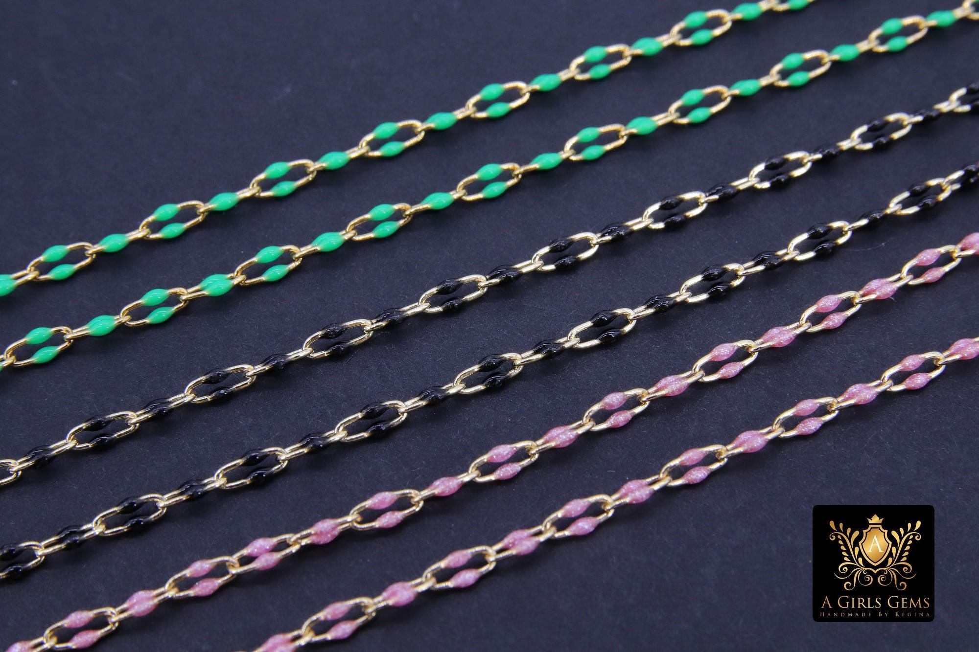 14 K Gold Filled Paperclip Enamel Chain, 5.6 mm Green Rectangle Chains CH# 784, Pink Or Black By The Foot