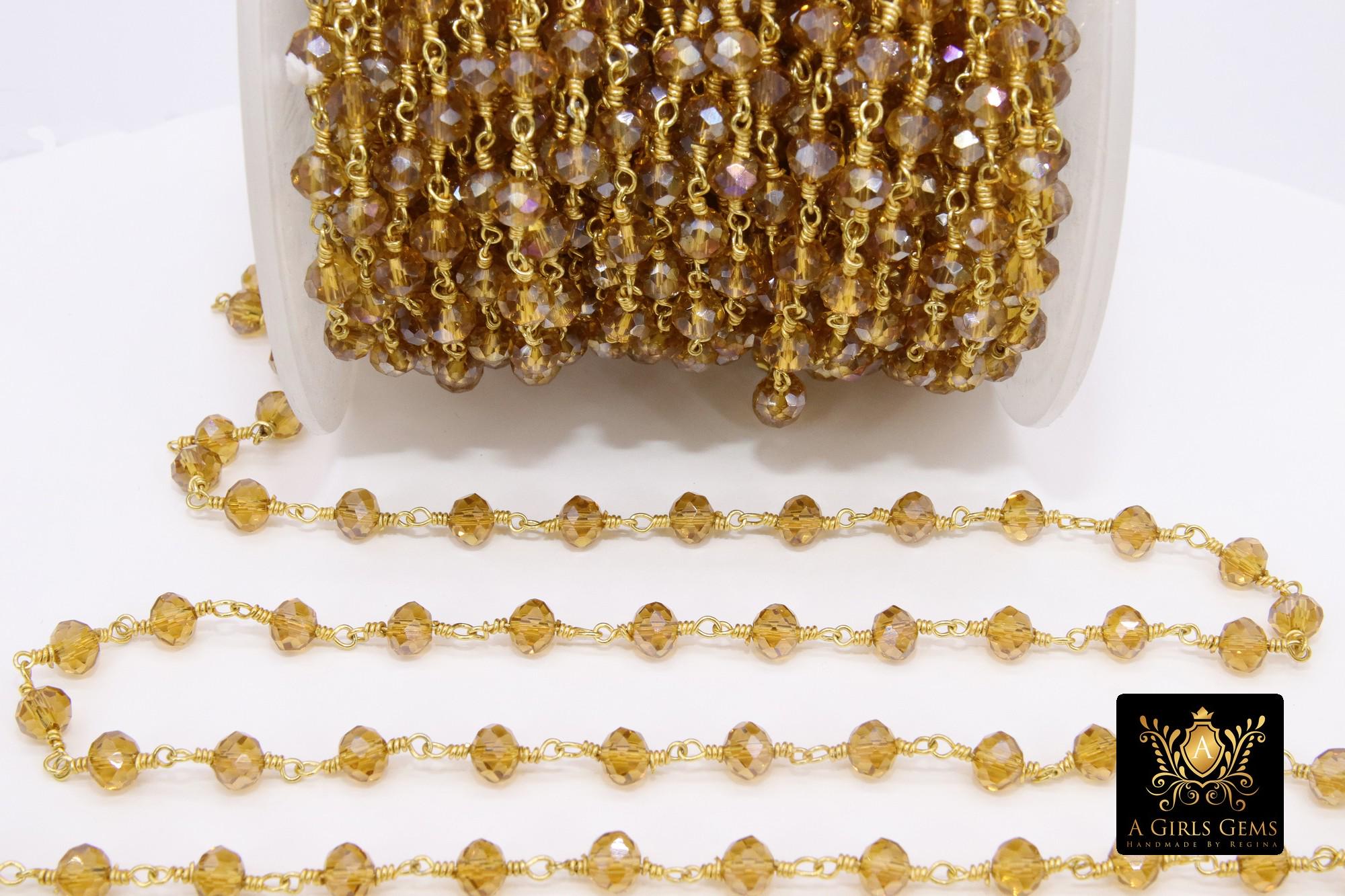 Champagne Crystal Beaded Rosary Chain, 6 mm Gold Wire Wrapped Chains CH #359, By the Foot