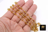 Champagne Crystal Beaded Rosary Chain, 6 mm Gold Wire Wrapped Chains CH #359,  By the Foot