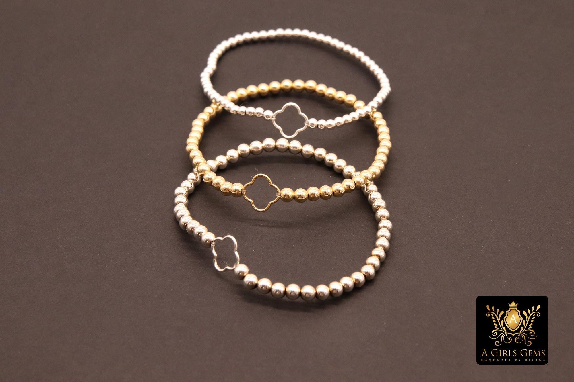 14K Gold Filled Beaded Clover Bracelet, 925 Sterling Silver 3 or 4 mm Stretchy Women's Bangle, Quatrefoil Charm Stacking Bracelet