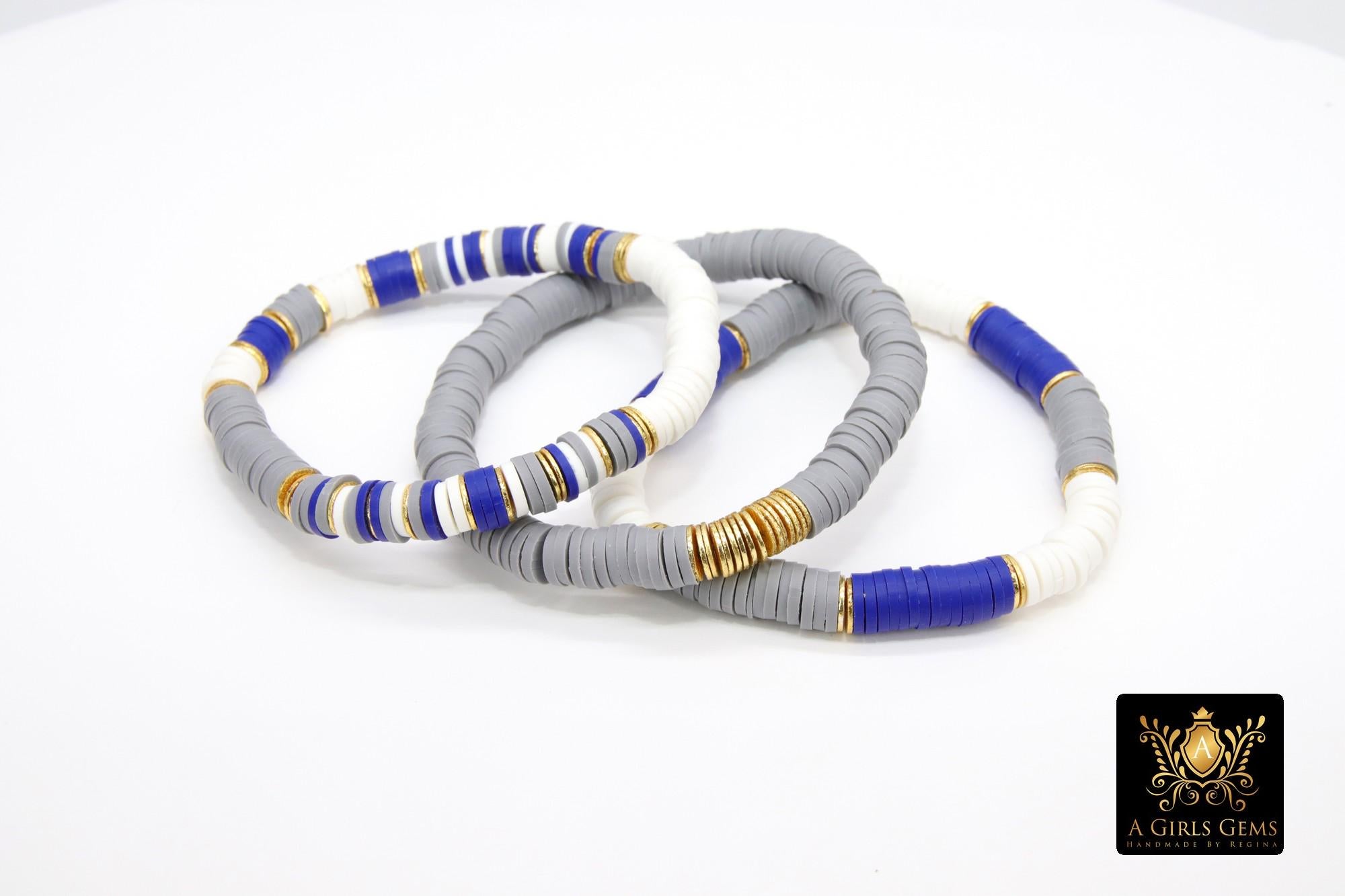 Heishi Beaded Bracelet, Blue Gray White Gold Stretchy Bracelet, Soccer Football Team