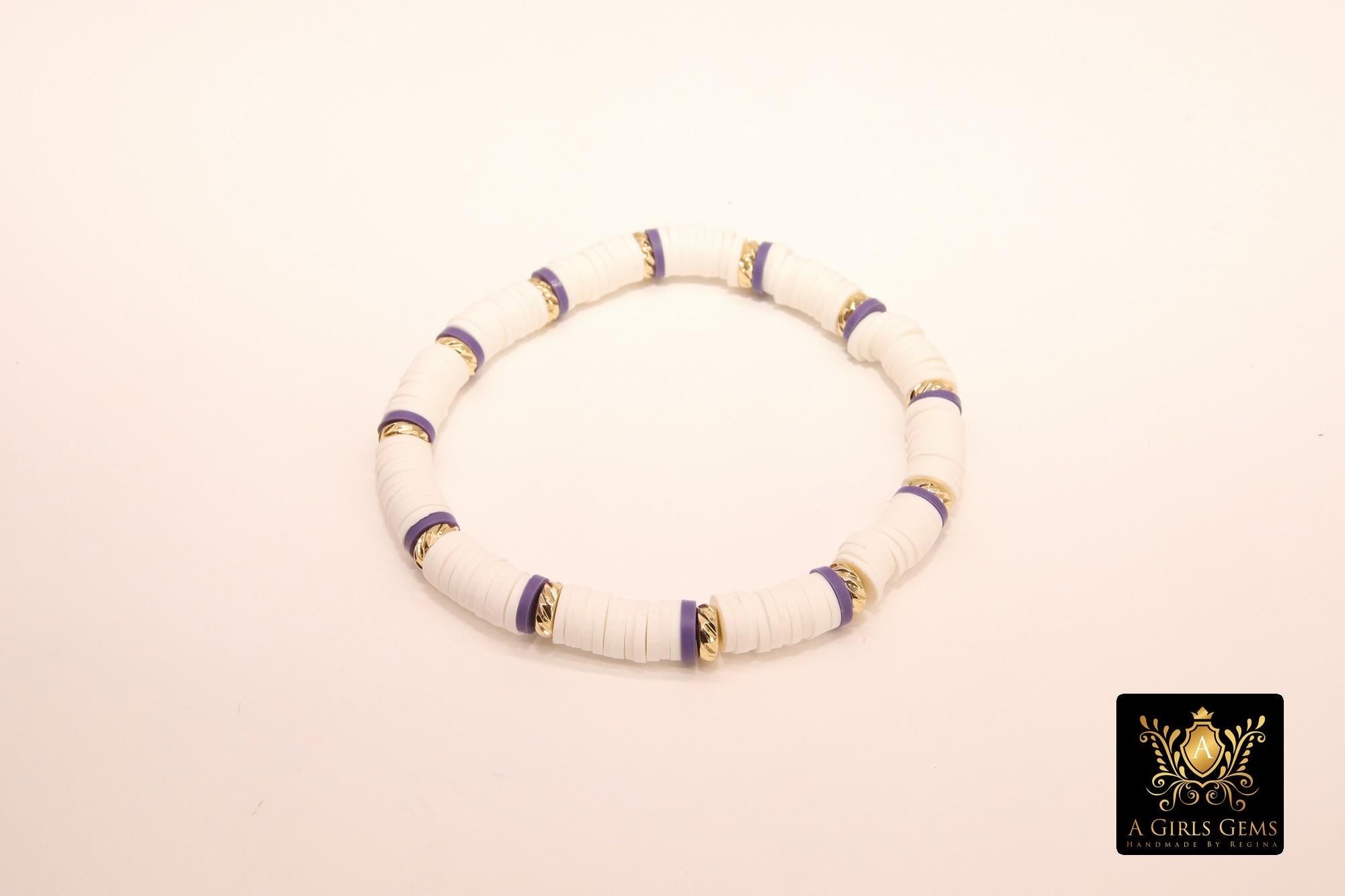 Soccer Mom Heishi Beaded Bracelet, 6 mm Purple White Black Gold Stretchy Bracelet, Flat Heishi Team Spirit Clay Beaded Bangles