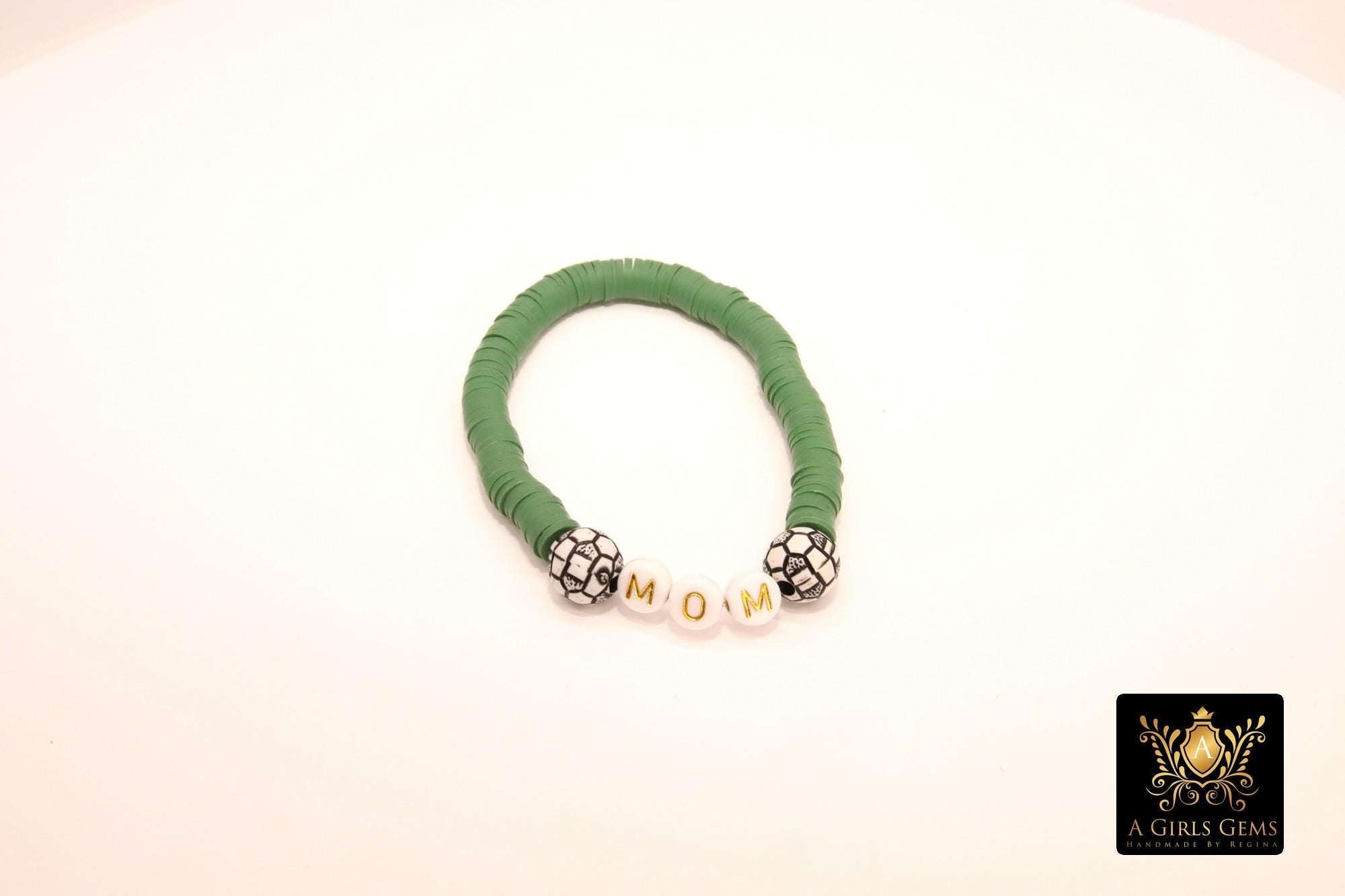 Soccer Mom Heishi Beaded Bracelet, 6 mm Green White Navy Gold Stretchy Bracelet, Flat Heishi Team Spirit Clay Beaded Bangles