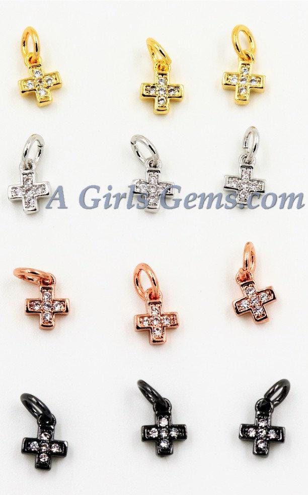 Tiny Cross Charm, 3 Pcs CZ Micro Paved Cross Charms #276, 5 x 7 mm Mini Crosses for Dainty Chain Dangles