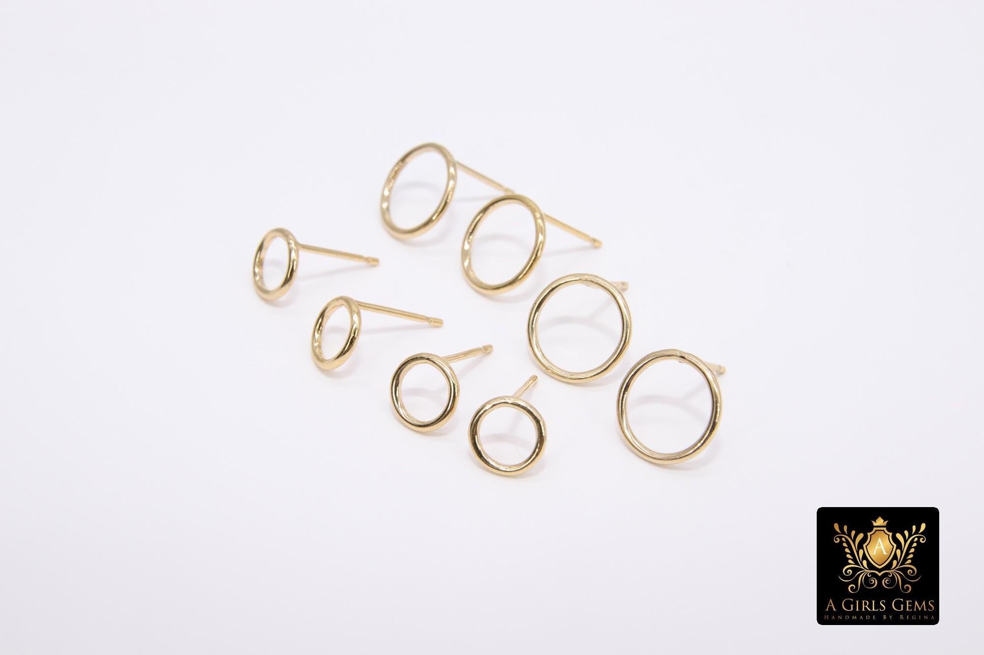 14 K Gold Hoop Stud Earrings, 7 mm High Quality 10 mm Round Ring Stud Post Findings #2611, Closed Loop Minimalist Donuts