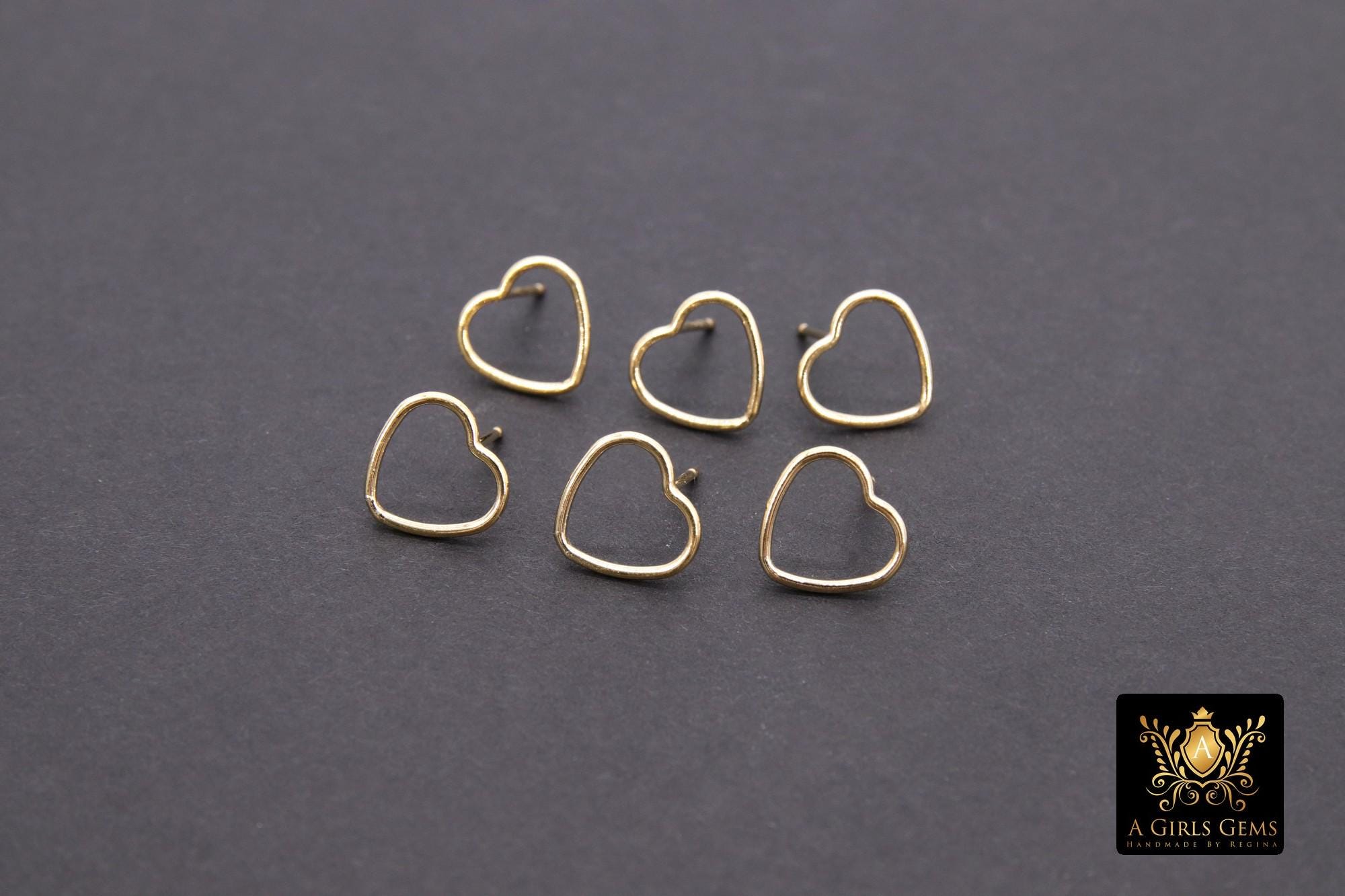 14 K Gold Hoop Heart Stud Earrings #621, 10 mm Heart Shaped Stud Post Findings, Soldered Minimalist Hollow Heart