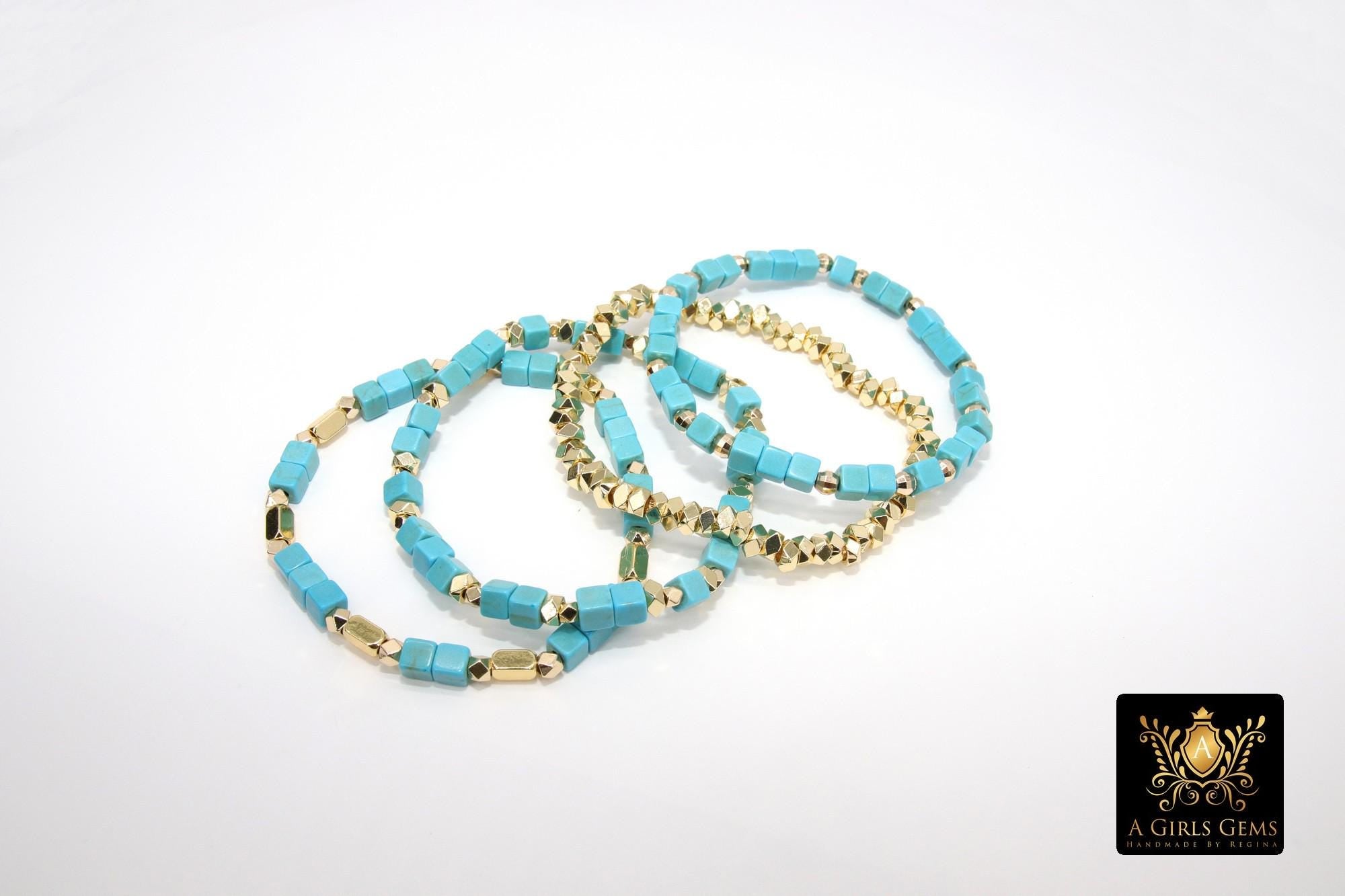 Baby Blue Turquoise Beaded Bracelets, Gold and Blue Stretchy Bracelet Stacks, Cube Beaded Crystal Bracelets