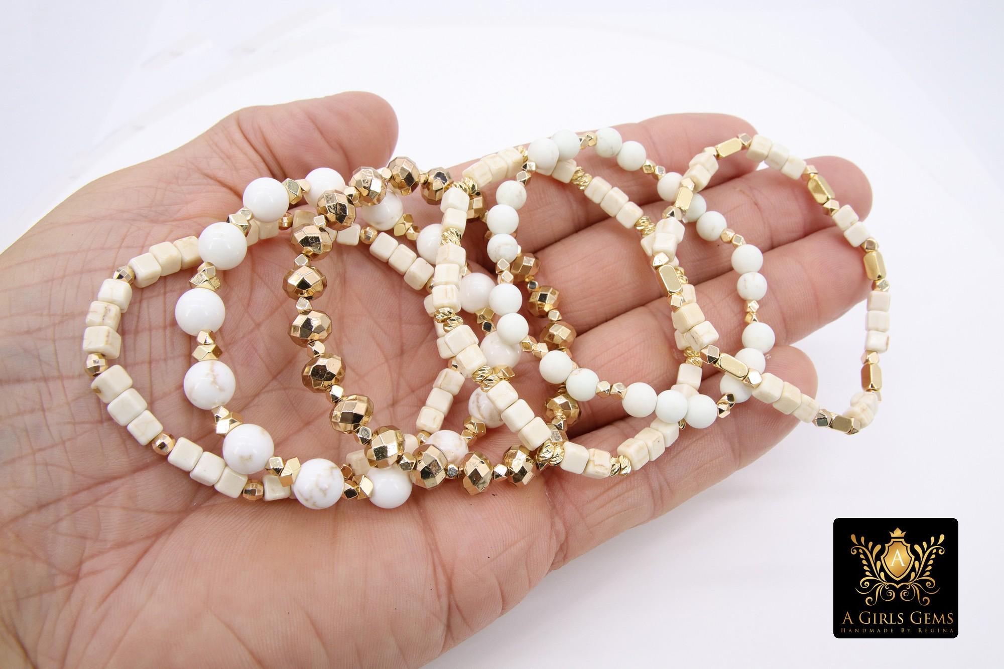 White Turquoise Beige Cream Beaded Gold Stretchy Bracelet Stack