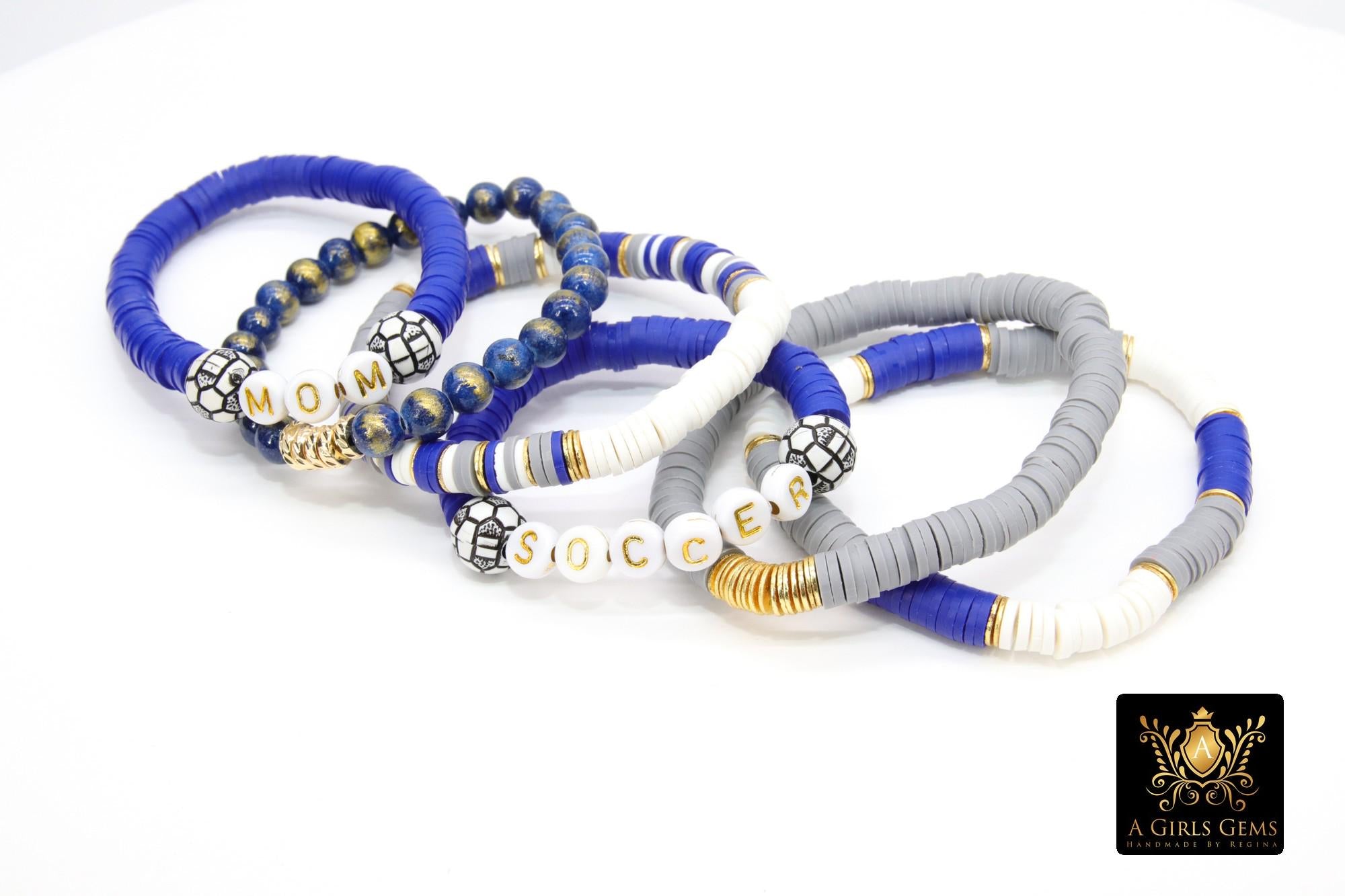 Heishi Beaded Bracelet, Blue Gray White Gold Stretchy Bracelet, Soccer Football Team