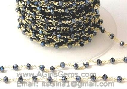 Black AB Rosary Chain, 4 mm Beaded Black Mystic Boho Chains CH #334, Gold Plated Wire Wrapped Unfinished Chains