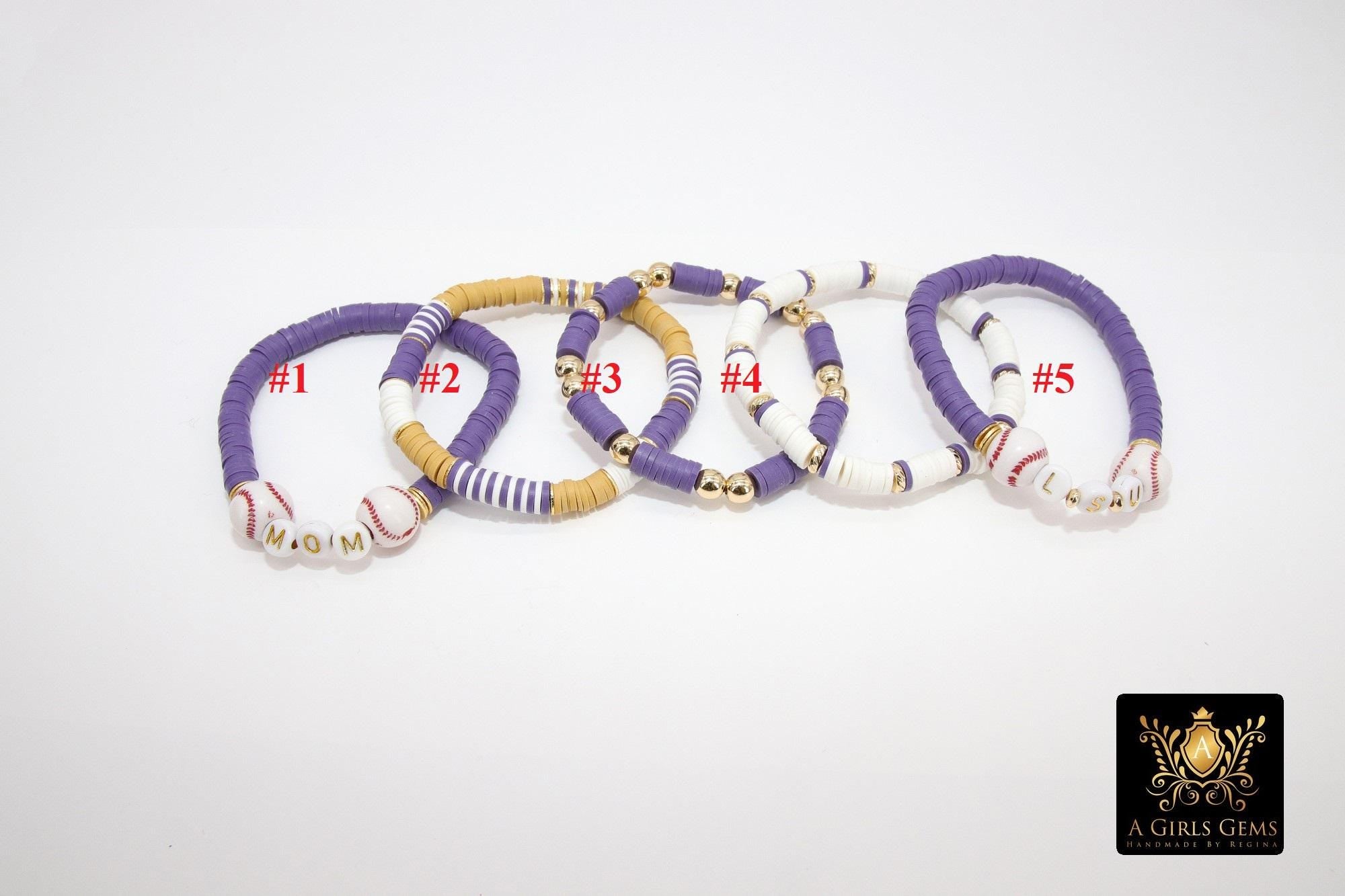 LSU Heishi Beaded Baseball Bracelet, 6 mm Purple White Gold Stretchy Bracelet, Letter Name Heishi Tigers Mom