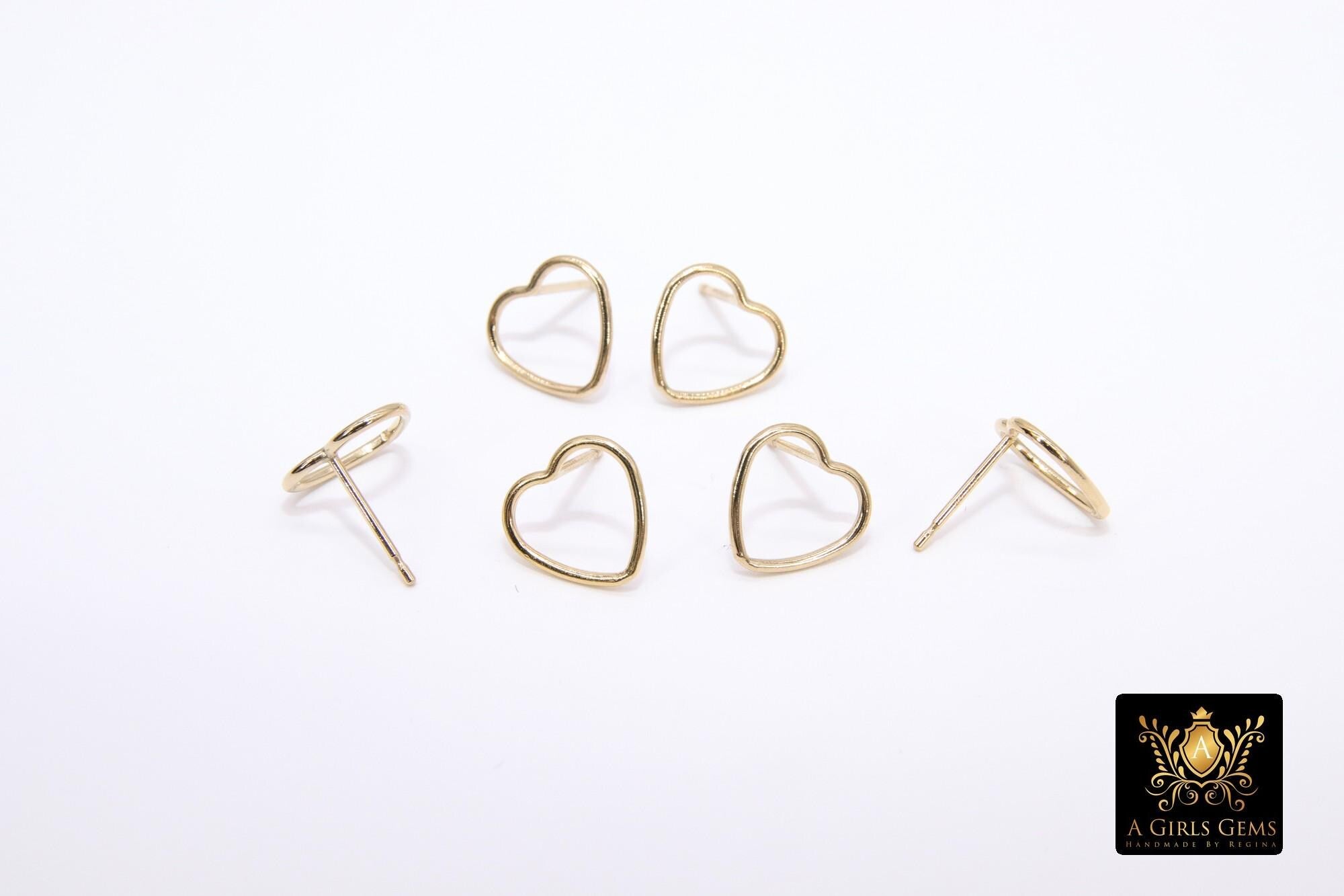 14 K Gold Hoop Heart Stud Earrings #621, 10 mm Heart Shaped Stud Post Findings, Soldered Minimalist Hollow Heart