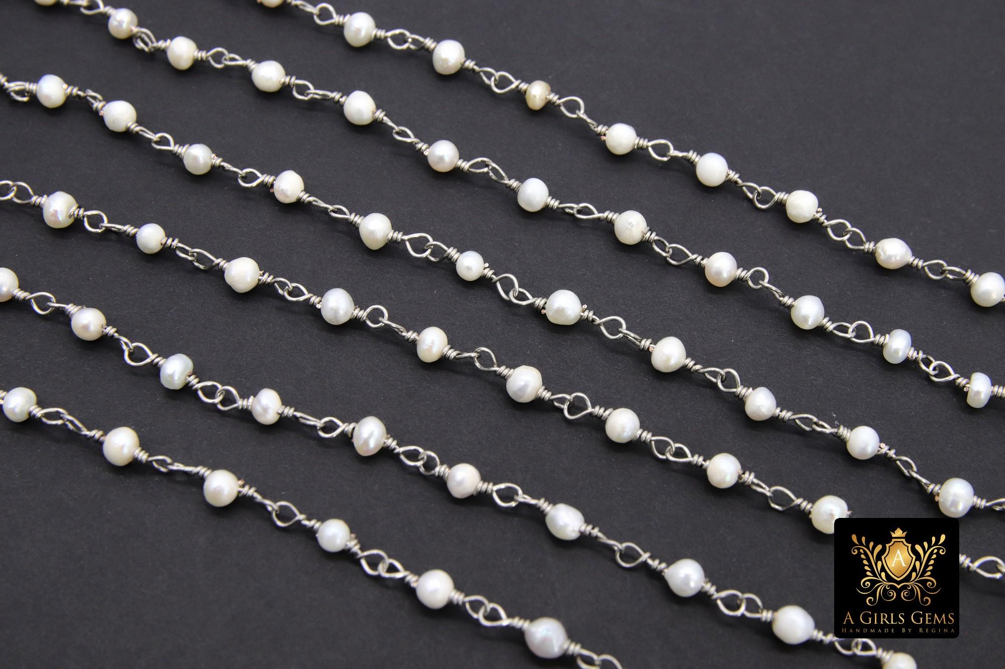 Natural Pearl Rosary Silver Chain, 4 mm Dainty Freshwater Beads Chain CH #520, Silver Wire Wrapped