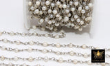 Natural Pearl Rosary Silver Chain, 4 mm Dainty Freshwater Beads Chain CH #520, Silver Wire Wrapped