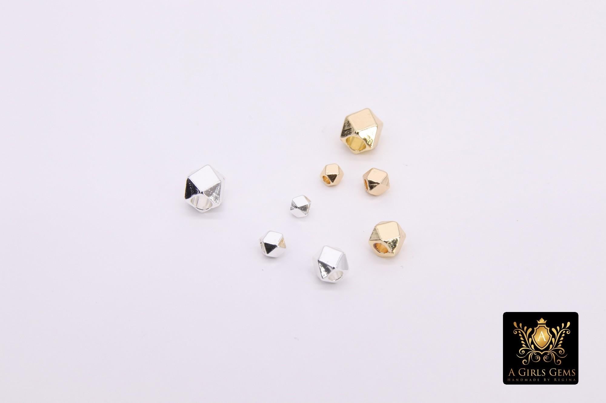 Smooth Hexagon Spacer Gold Metal Faceted Bead, 20 pcs Bright Silver Round Polygon Bead AG# 670, 2.5 mm 3 mm 4 mm 5 mm