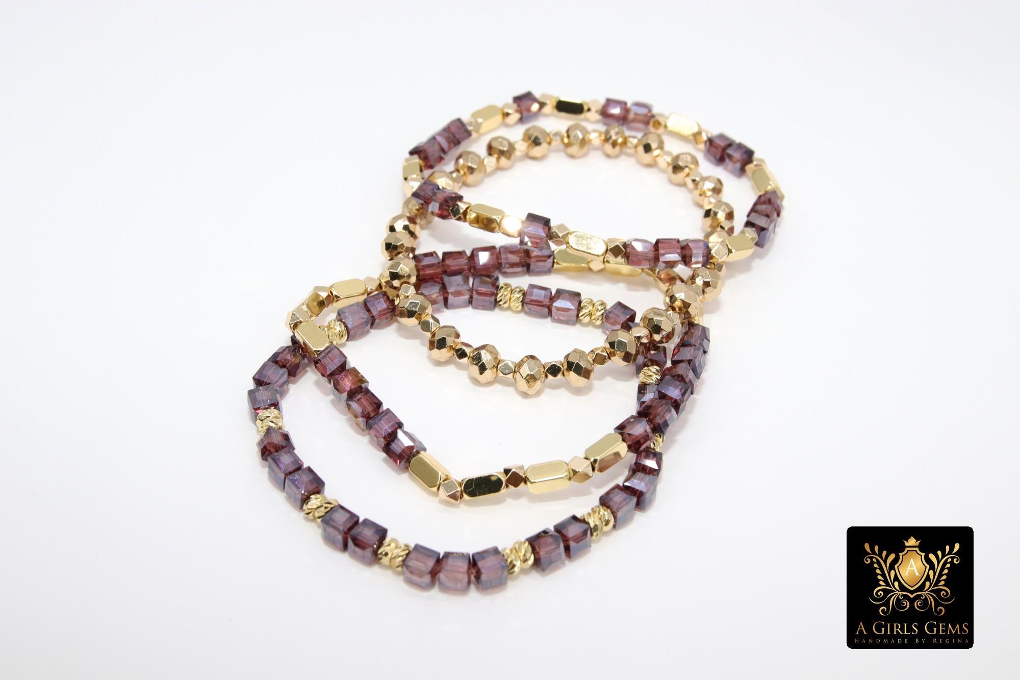 Purple and Gold Beaded Bracelet, Purple Cube Stretchy Bracelet, Gold Nugget Mom Team Spirit Stacks