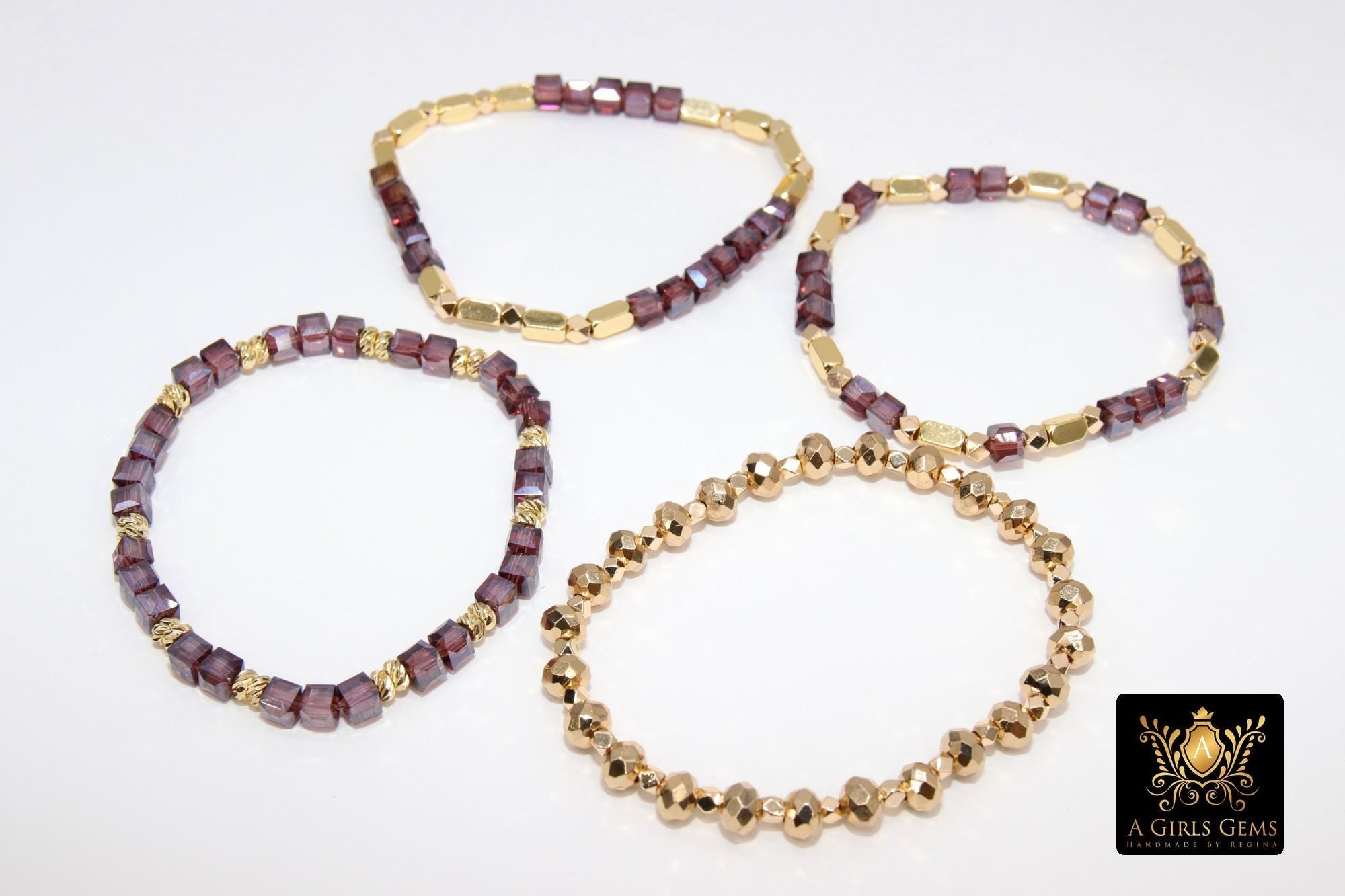 Purple and Gold Beaded Bracelet, Purple Cube Stretchy Bracelet, Gold Nugget Mom Team Spirit Stacks