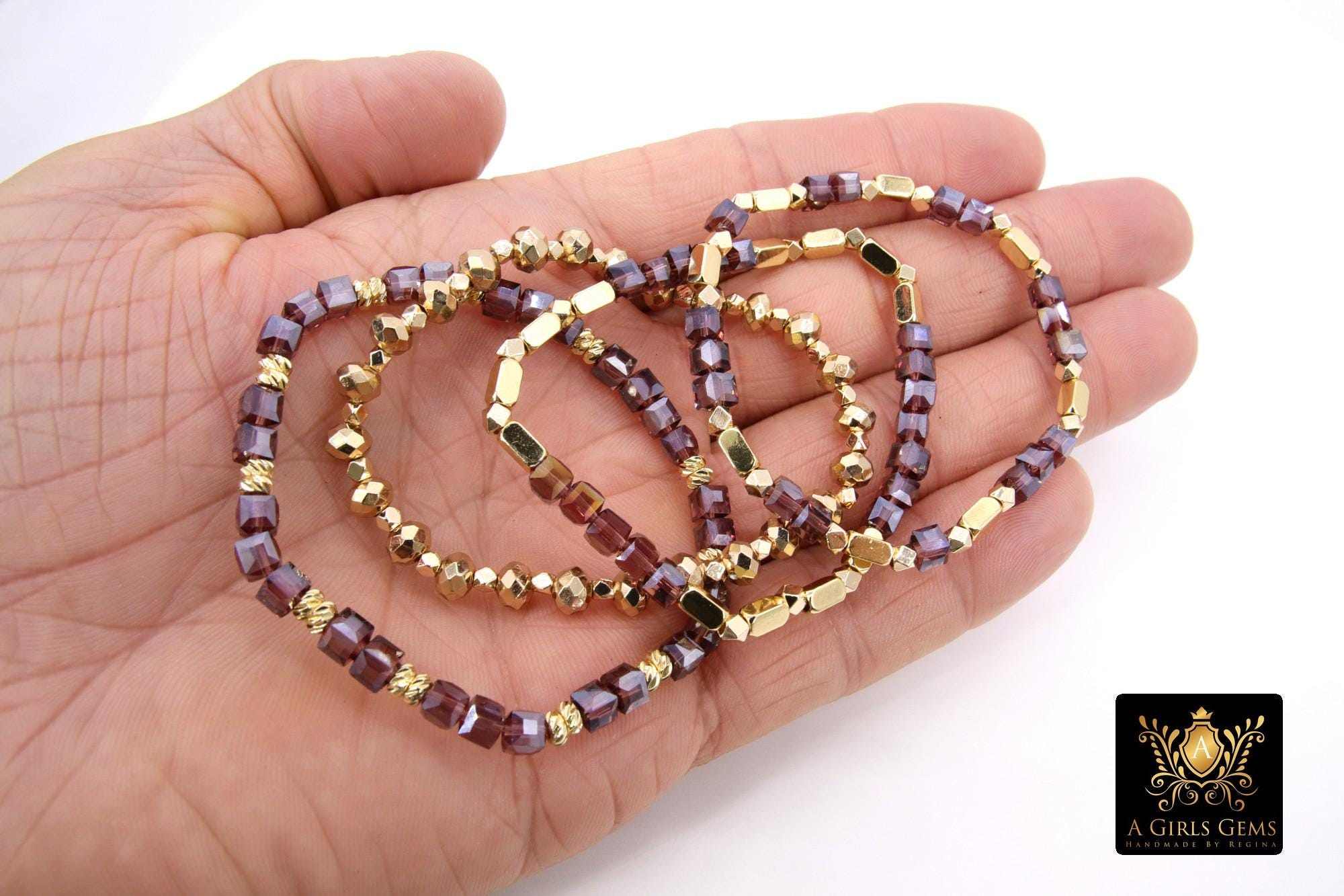Purple and Gold Beaded Bracelet, Purple Cube Stretchy Bracelet, Gold Nugget Mom Team Spirit Stacks