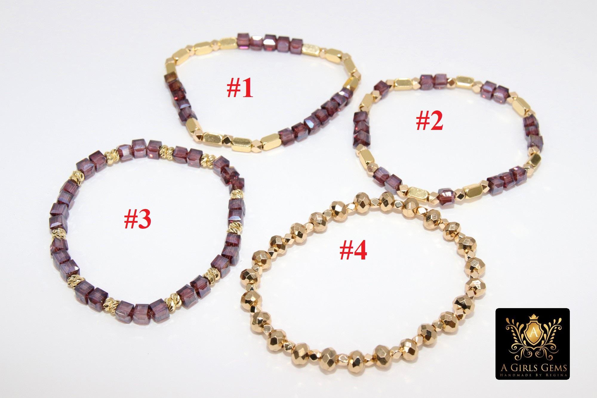 Purple and Gold Beaded Bracelet, Purple Cube Stretchy Bracelet, Gold Nugget Mom Team Spirit Stacks