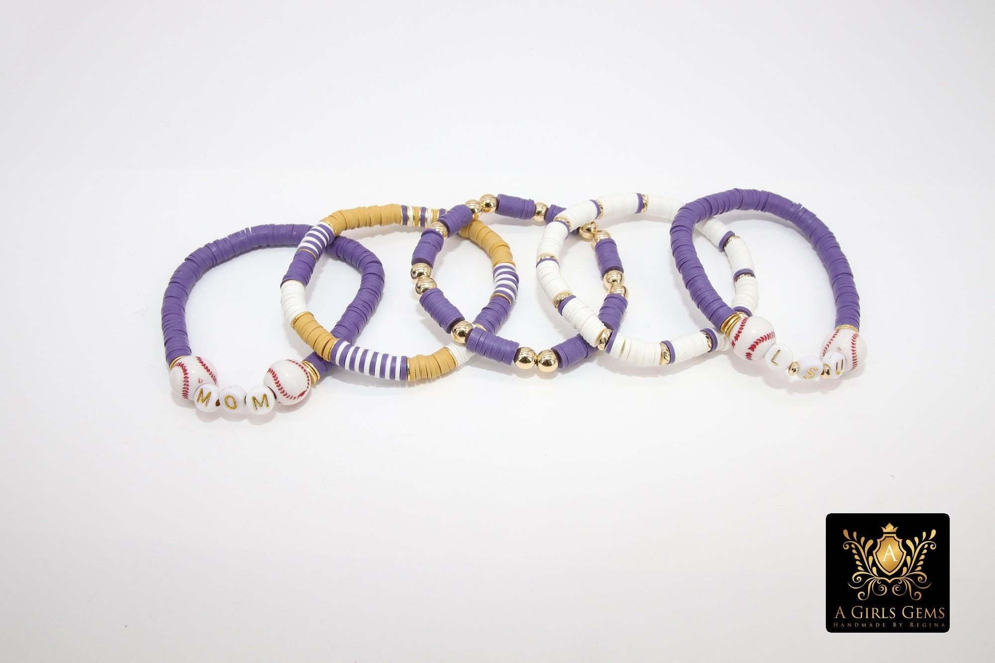 LSU Heishi Beaded Baseball Bracelet, 6 mm Purple White Gold Stretchy Bracelet, Letter Name Heishi Tigers Mom