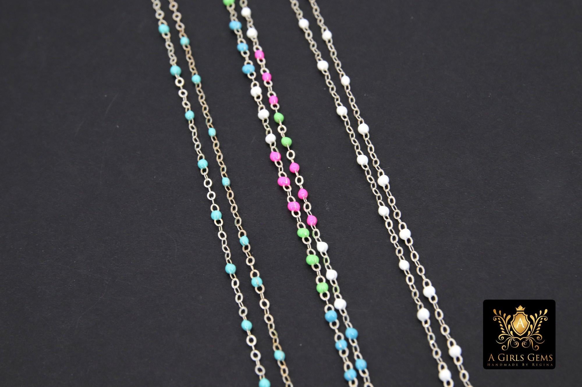 925 Sterling Silver Dainty Beaded Satellite Enamel Chain, 2.1 mm Rainbow Hammered Flat Cable CH #871, Unfinished By Foot