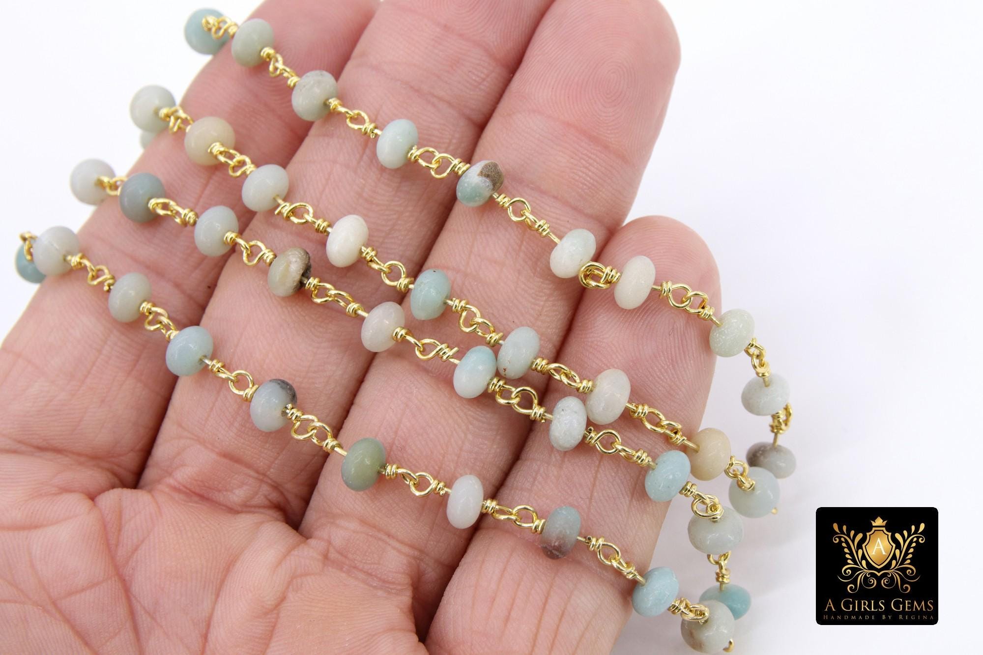Natural Amazonite Beaded Rondelle Rosary Chain, 6 mm Gold Wire Wrapped CH #541, Blue Stone Chain