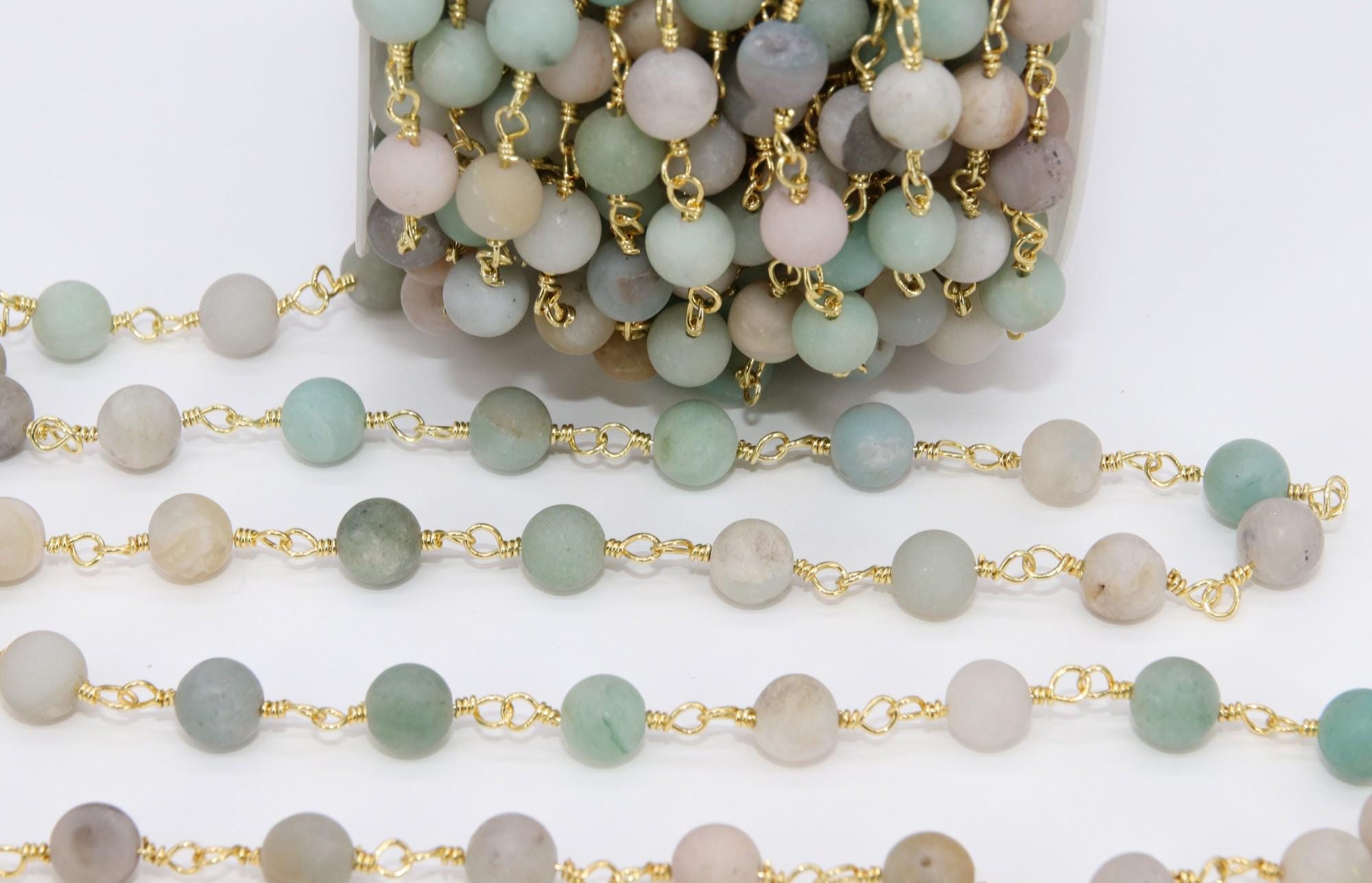 Matte Amazonite Rosary Chain, 8 mm Gold Plated Wire Wrapped Chain CH #542, By The Foot