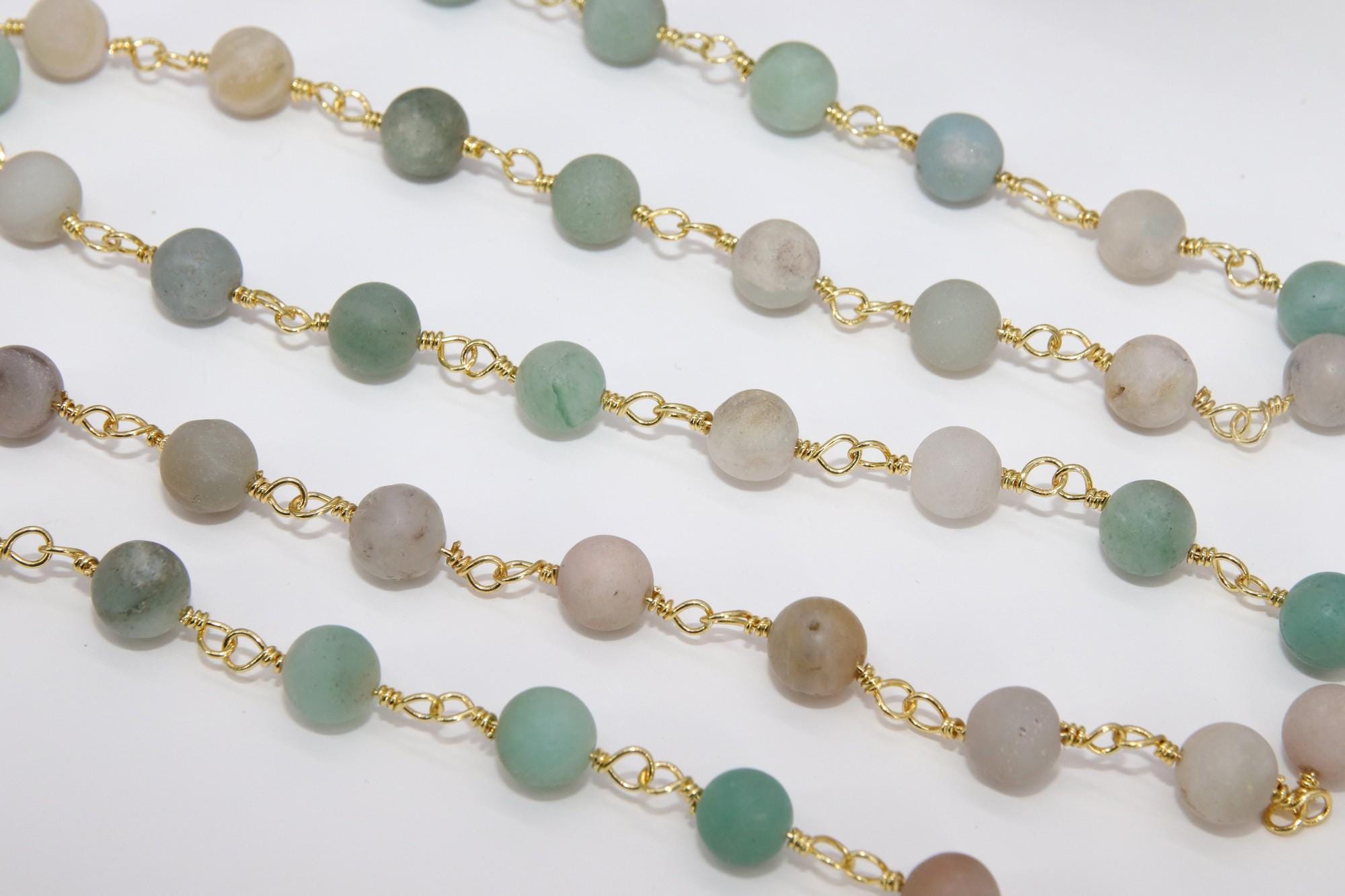 Matte Amazonite Rosary Chain, 8 mm Gold Plated Wire Wrapped Chain CH #542, By The Foot