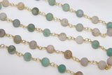 Matte Amazonite Rosary Chain, 8 mm Gold Plated Wire Wrapped Chain CH #542, By The Foot